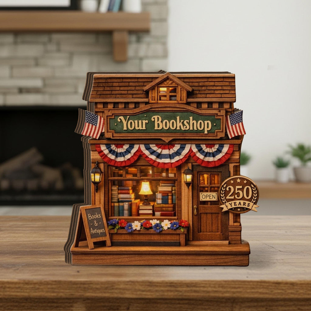 Personalized Wooden Bookshop Block, America 250 Years Decor 1776-2026, Custom Name Book Lover Gift, Patriotic Wooden Shop Decor