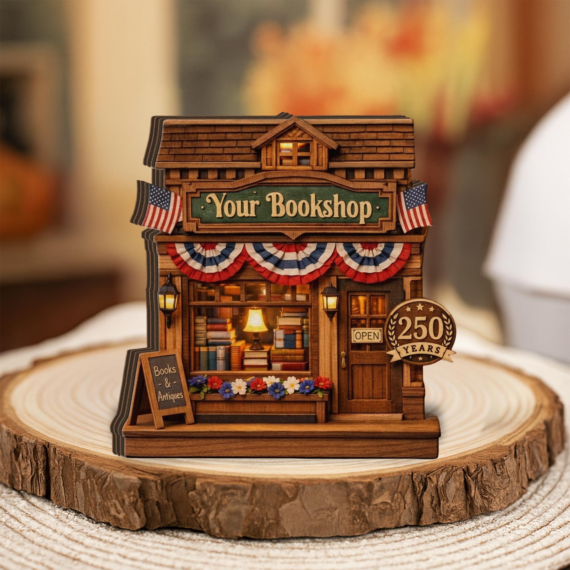 Personalized Wooden Bookshop Block, America 250 Years Decor 1776-2026, Custom Name Book Lover Gift, Patriotic Wooden Shop Decor