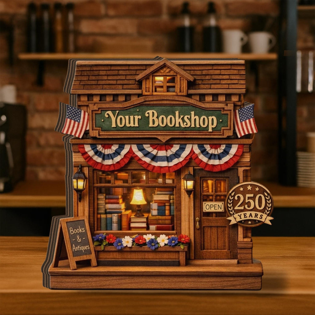 Personalized Wooden Bookshop Block, America 250 Years Decor 1776-2026, Custom Name Book Lover Gift, Patriotic Wooden Shop Decor
