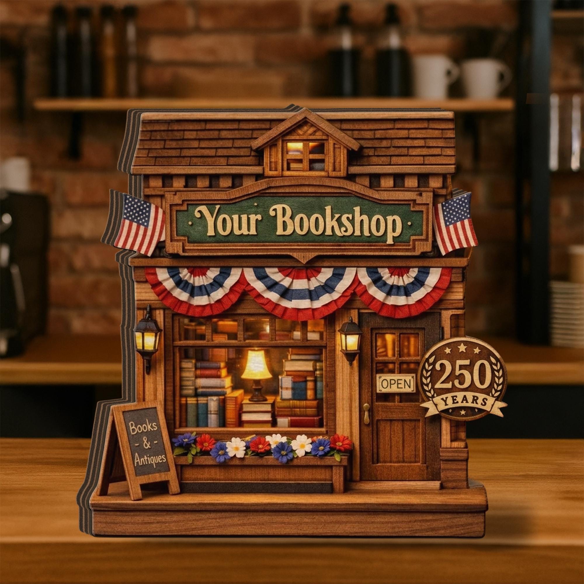 Personalized Wooden Bookshop Block, America 250 Years Decor 1776-2026, Custom Name Book Lover Gift, Patriotic Wooden Shop Decor