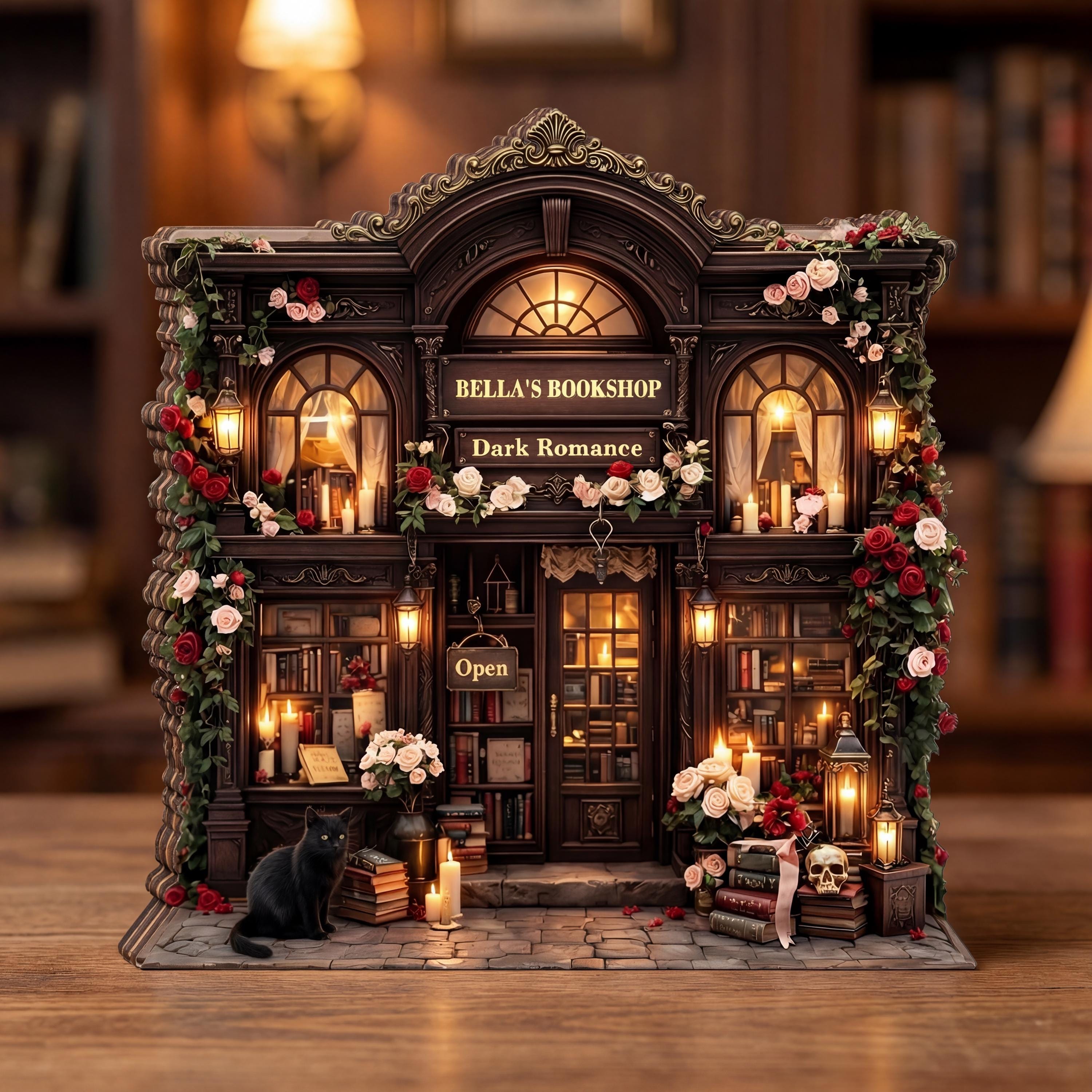 Personalized Miniature Cottage Bookshop Wooden Block - Custom Bookstore Library Diorama Display, Cozy Book Nook Shelf Decor, Book Lover Gift