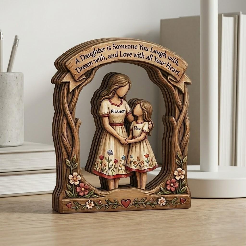 Personalized Mother Daughter Wood Block, Custom Name Wooden Plaque, Mother's Day Gift, 2D Layered Wood Art, Daughter Birthday Keepsake Gift