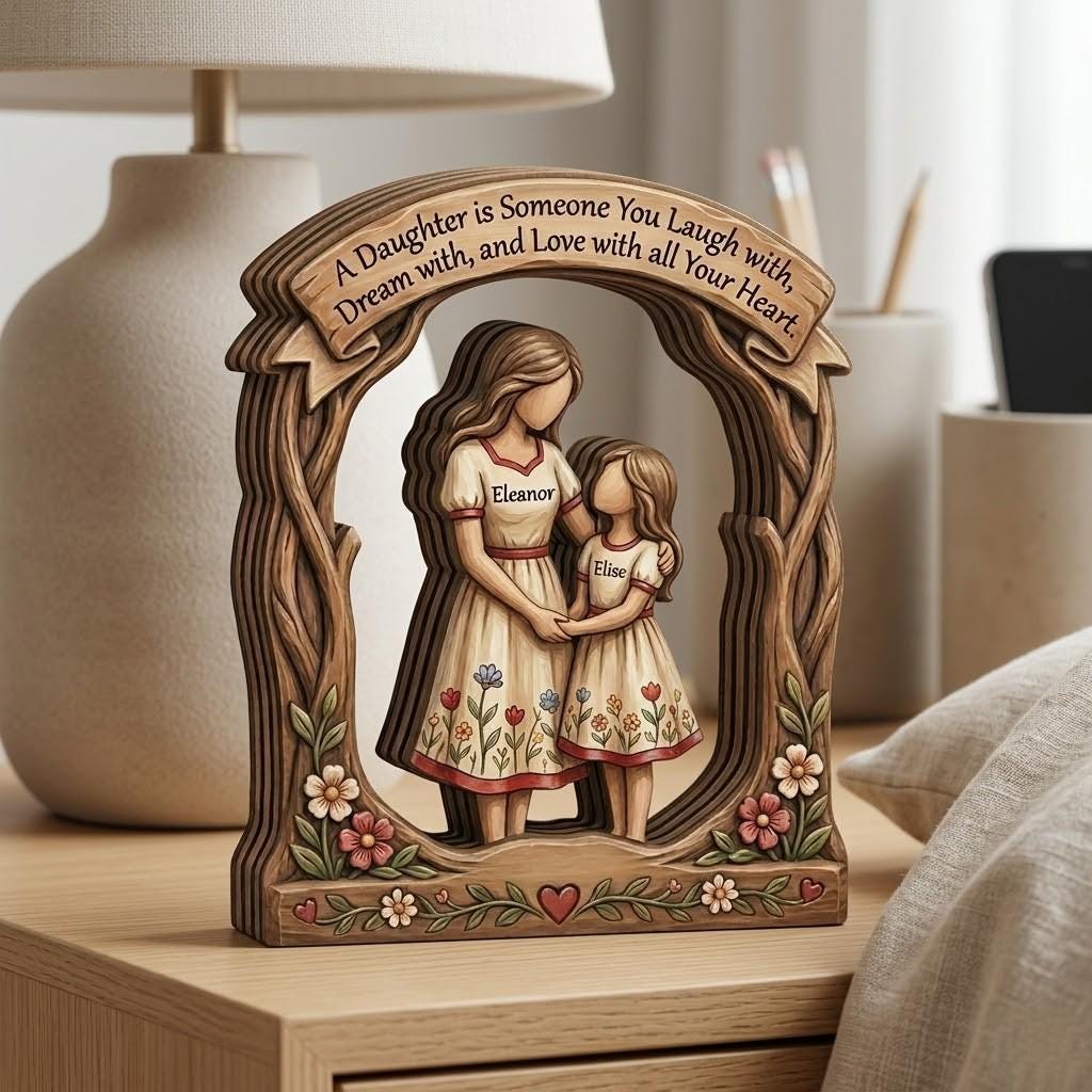 Personalized Mother Daughter Wood Block, Custom Name Wooden Plaque, Mother's Day Gift, 2D Layered Wood Art, Daughter Birthday Keepsake Gift