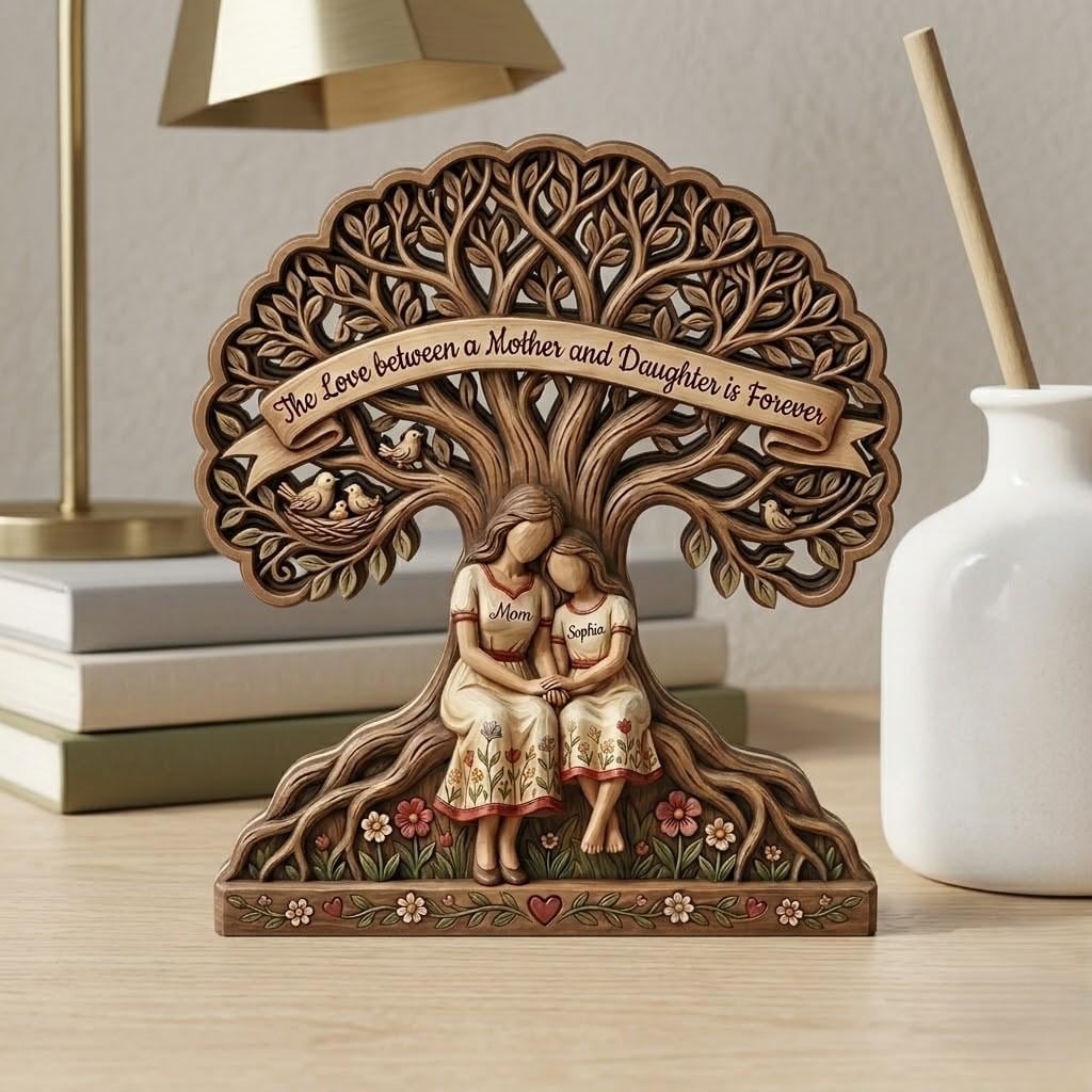 Personalized Mother Daughter Wooden Block, Custom Name Wooden Sign, 3D Effect Printed Wood Sign, Tree of Life, Mother's Day Keepsake