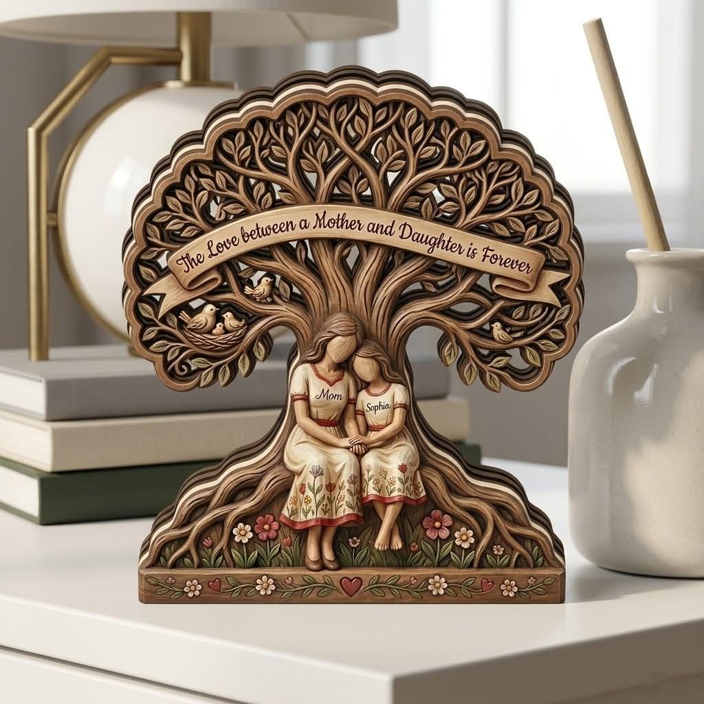 Personalized Mother Daughter Wooden Block, Custom Name Wooden Sign, 3D Effect Printed Wood Sign, Tree of Life, Mother's Day Keepsake