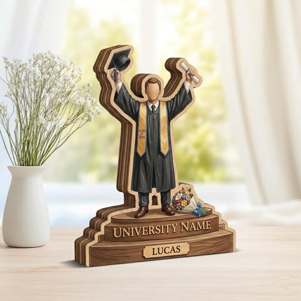Personalized Graduation Wooden Block, Custom Boy Grad Name Sign, Class of 2026 Gift, 3D Layered Wood Desk Decor, University Senior Keepsake