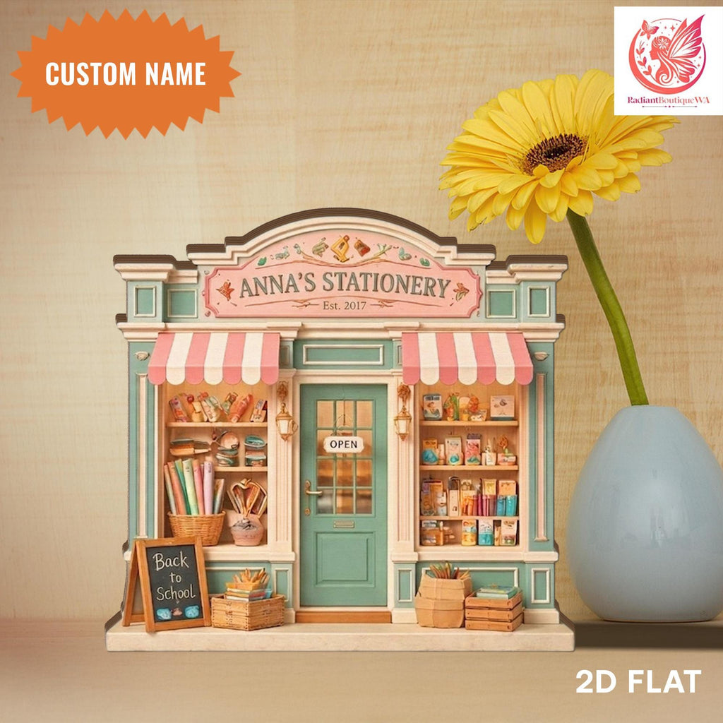 Personalized Stationery Store Wooden Block, Pastel Aesthetic Desk Decor, 2D Flat Wood, Small Business Display