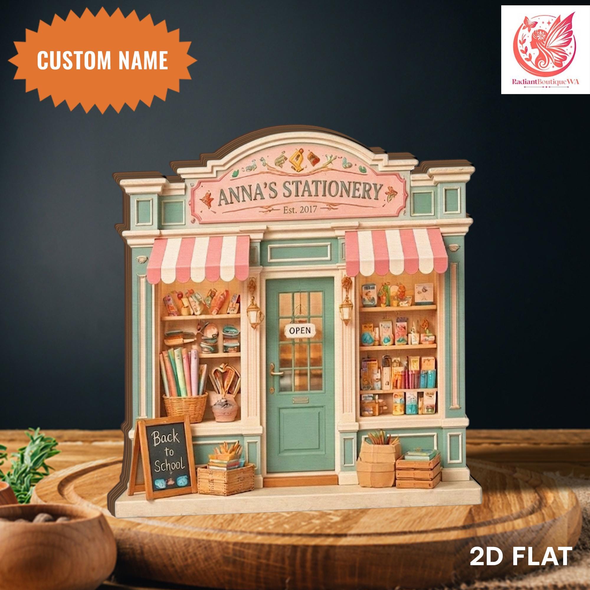 Personalized Stationery Store Wooden Block, Pastel Aesthetic Desk Decor, 2D Flat Wood, Small Business Display