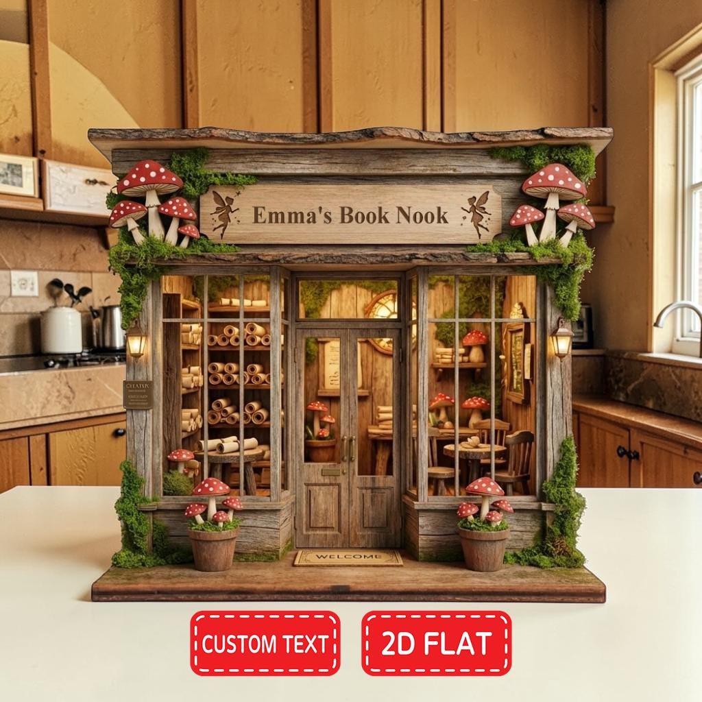 Custom Name Enchanted Forest Library Bookshop Wooden Block, Whimsical Book Lover Gift