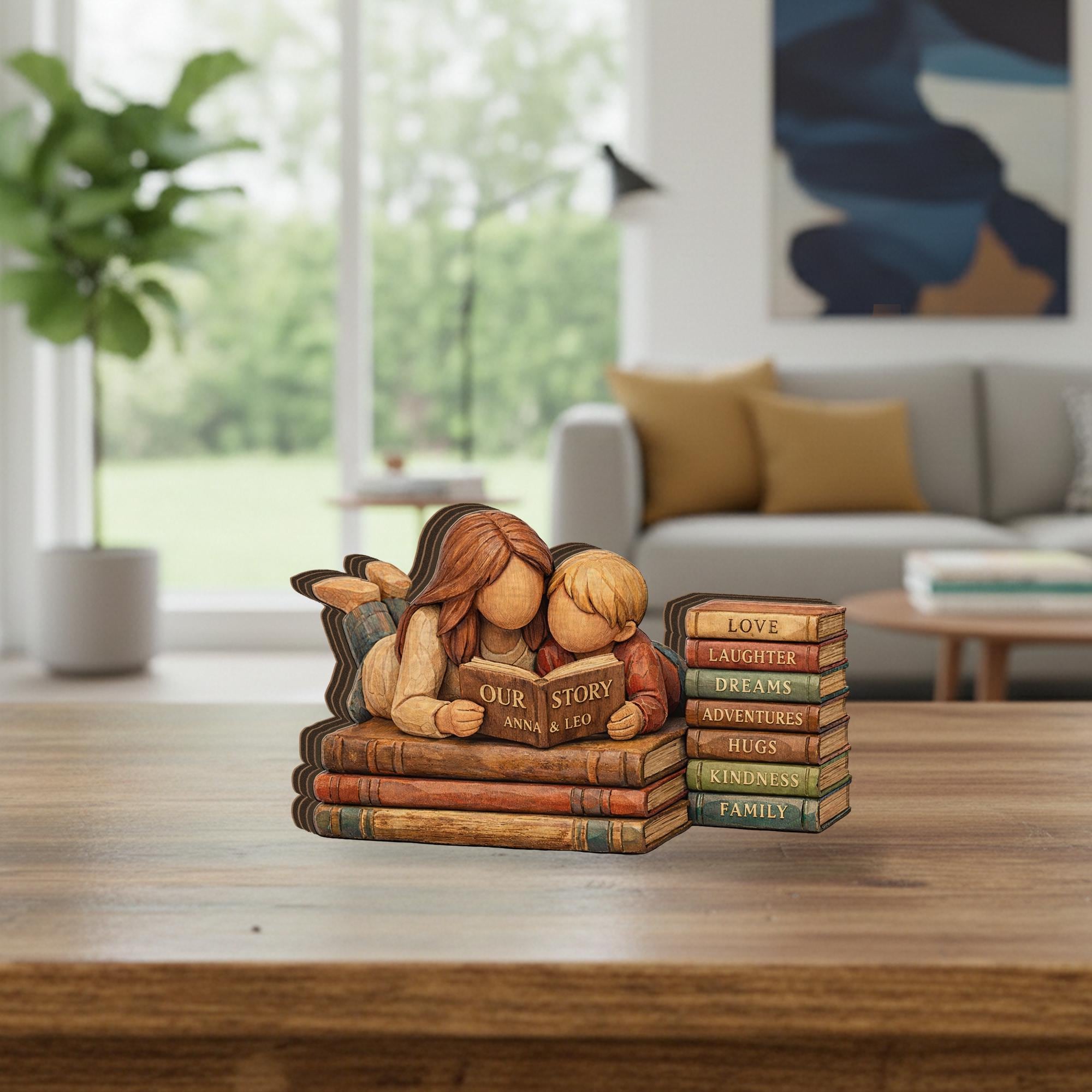 Personalized Mother Son Wooden Figurine, Custom Book Stack Decor