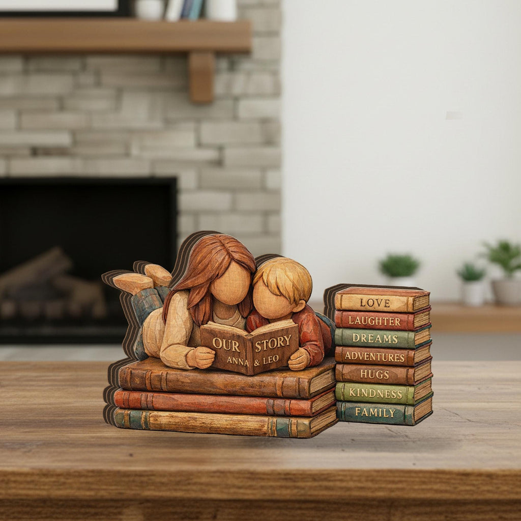 Personalized Mother Son Wooden Figurine, Custom Book Stack Decor