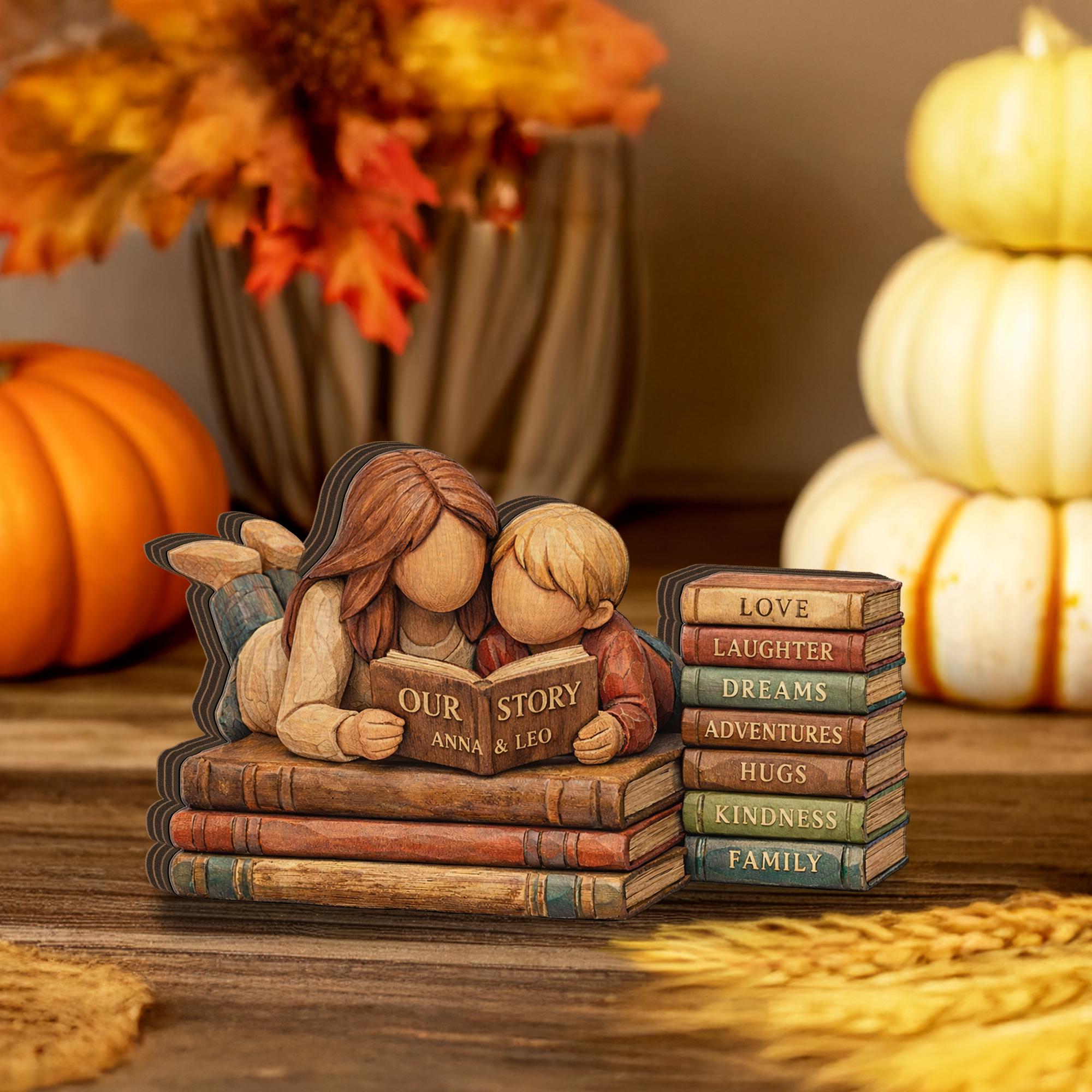 Personalized Mother Son Wooden Figurine, Custom Book Stack Decor