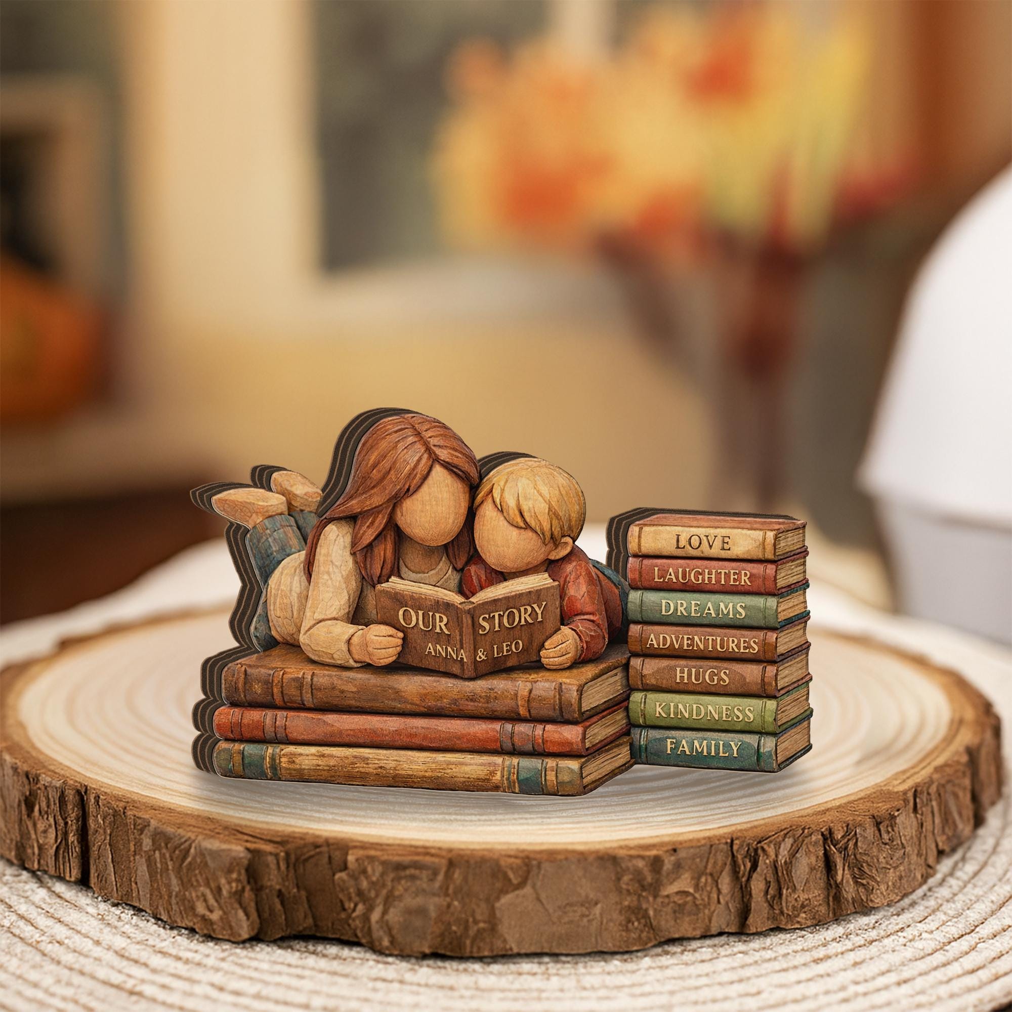 Personalized Mother Son Wooden Figurine, Custom Book Stack Decor