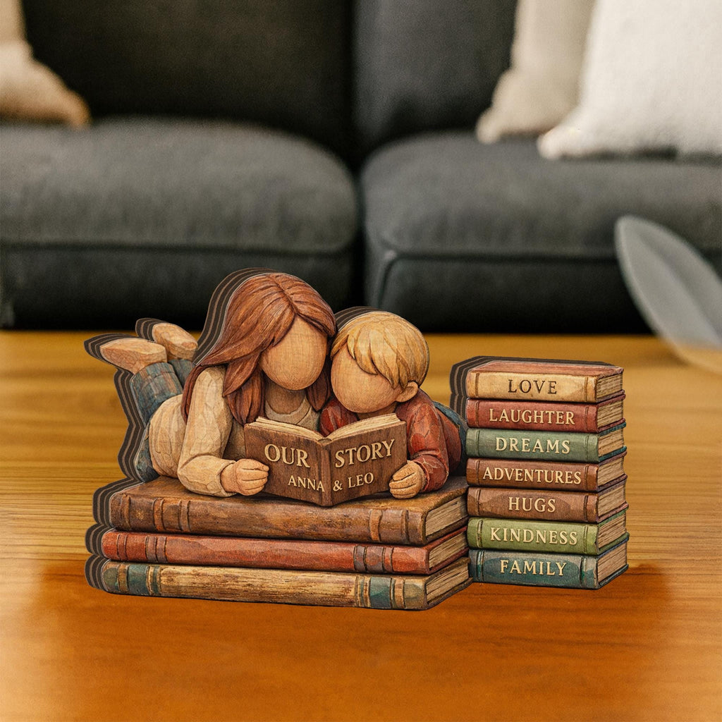 Personalized Mother Son Wooden Figurine, Custom Book Stack Decor