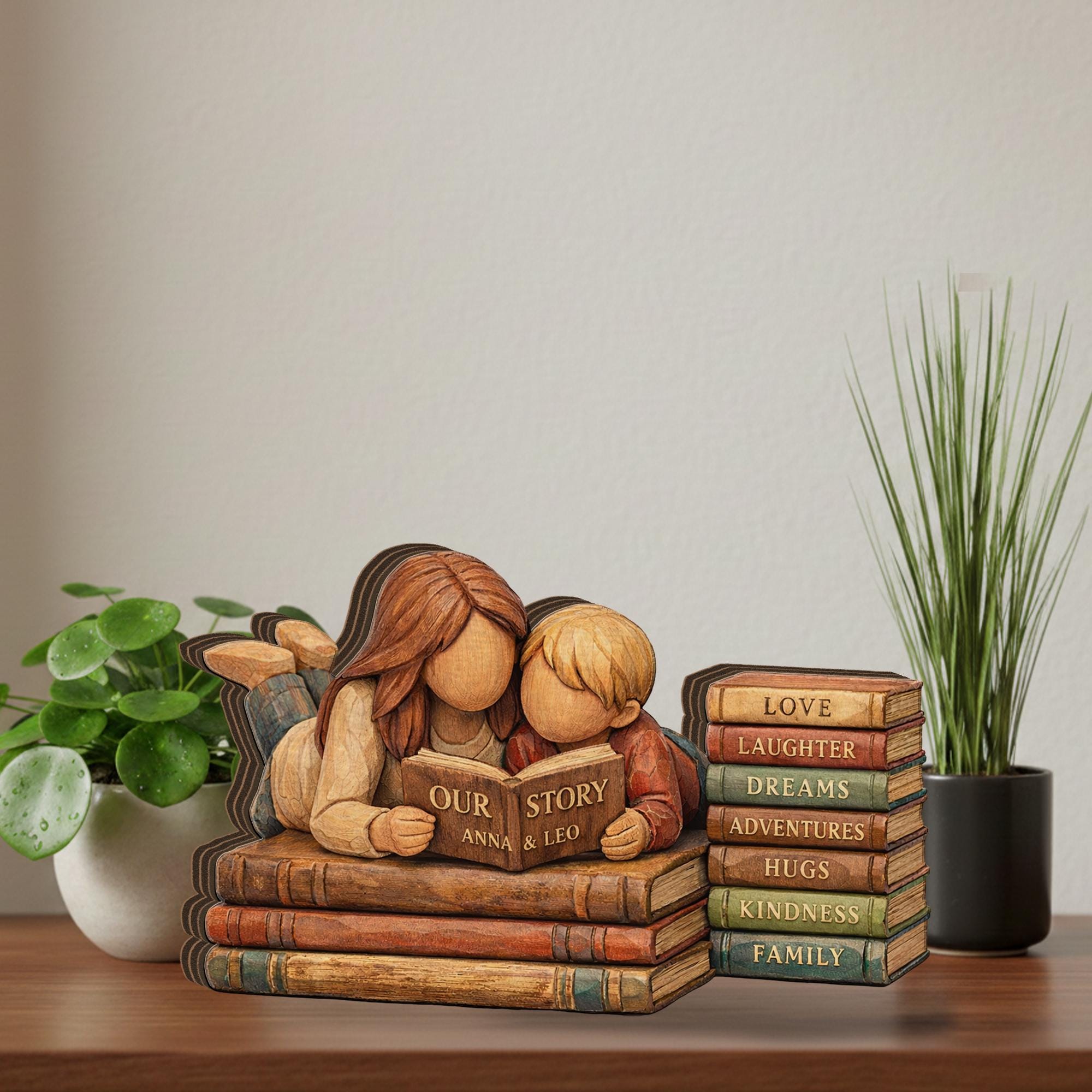 Personalized Mother Son Wooden Figurine, Custom Book Stack Decor