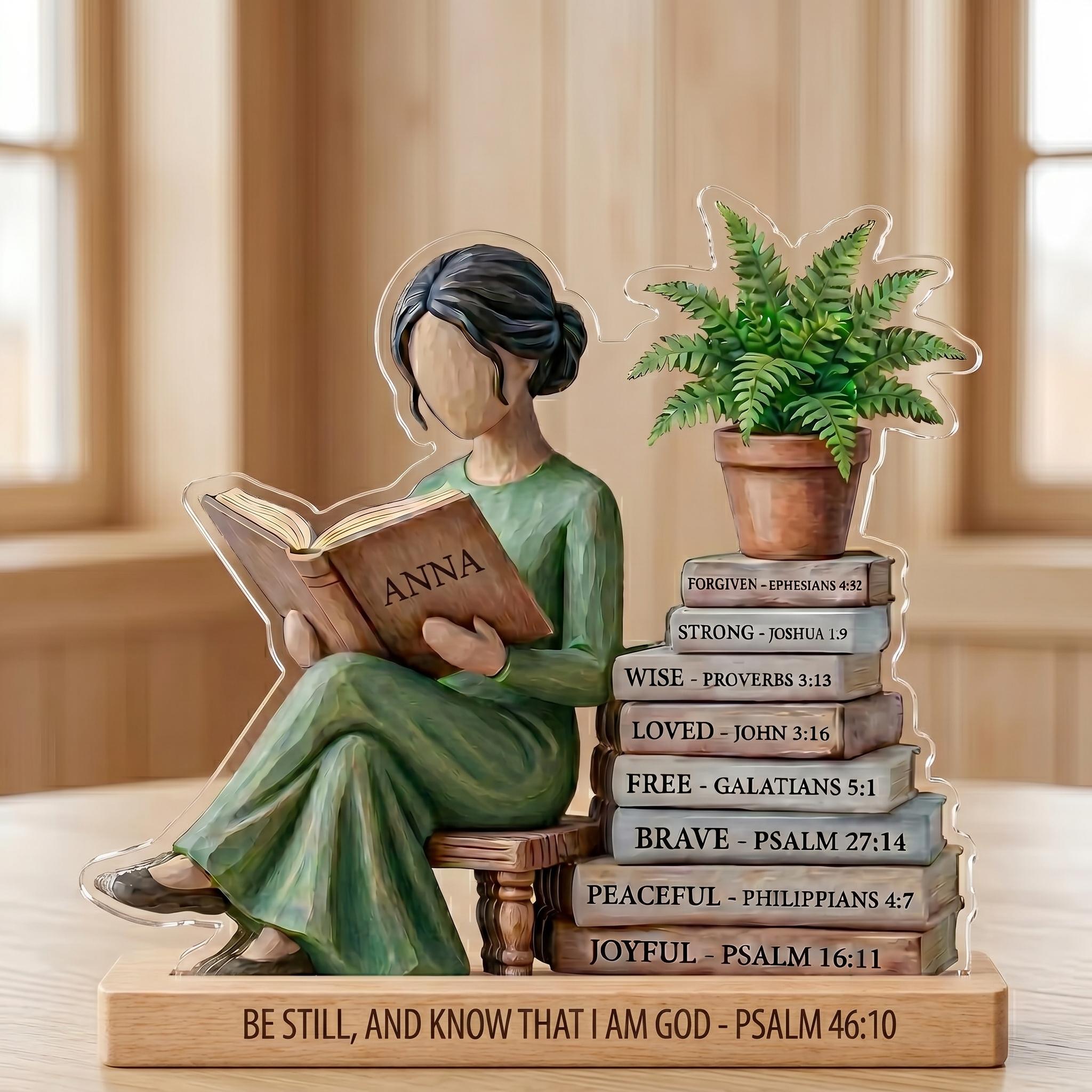 Personalized Reading Lover Wooden Block Decor, Book Lover Woman Statue, Wooden “God Says I Am” Scripture Block Set