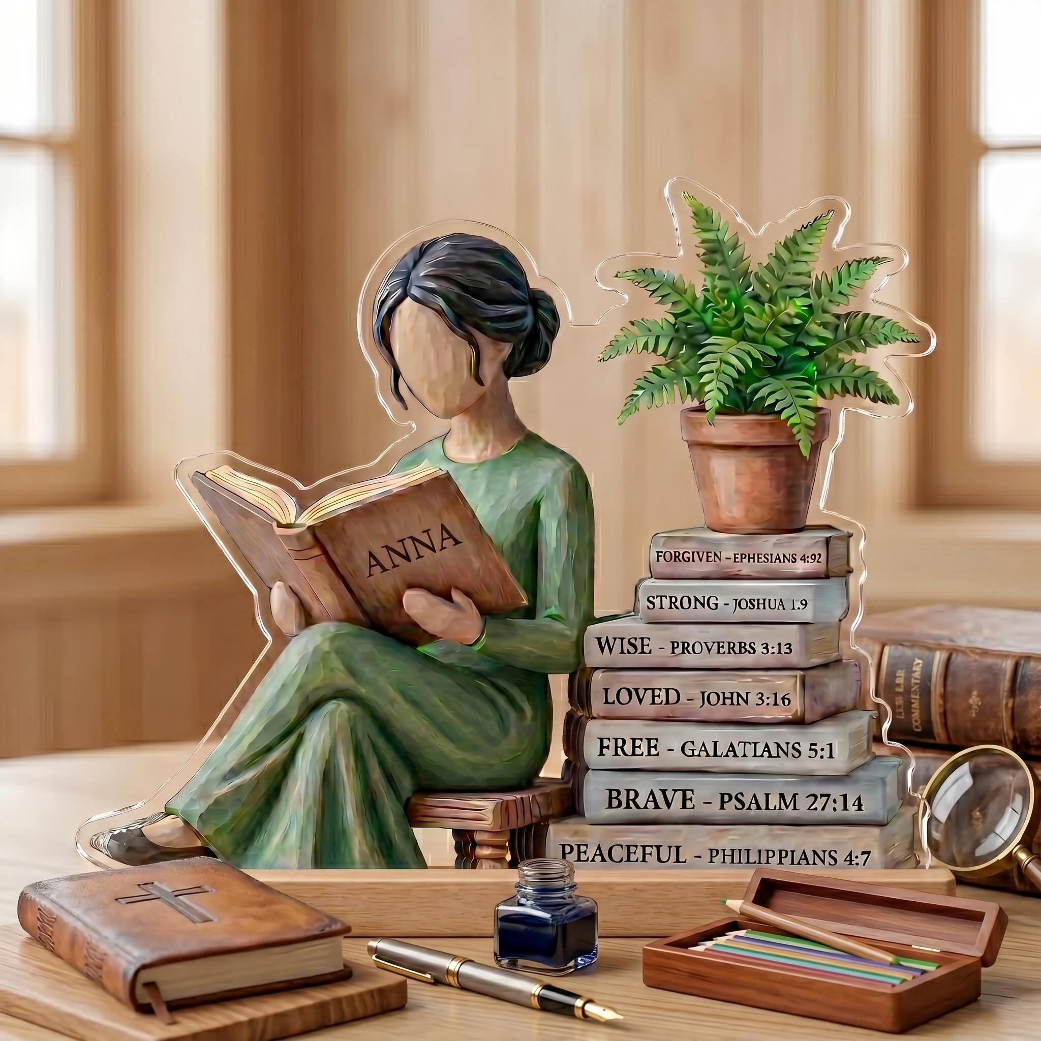 Personalized Reading Lover Wooden Block Decor, Book Lover Woman Statue, Wooden “God Says I Am” Scripture Block Set