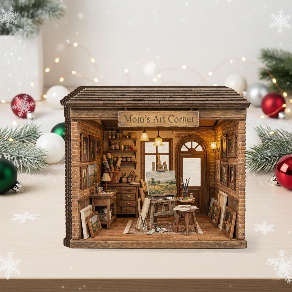 Personalized Wooden Block Art Studio Diorama, Mini Painting Room Scene with Easel and Canvas