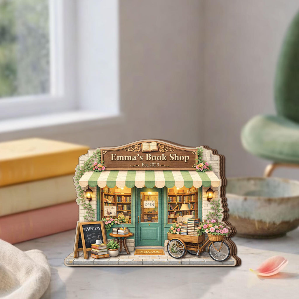 Personalized Bookshop Wooden Block, Custom Bookstore Shelf Sitter, Reading Nook Decor, Book Lover Gift, Cozy Bookshelf Wooden Plaque Decor