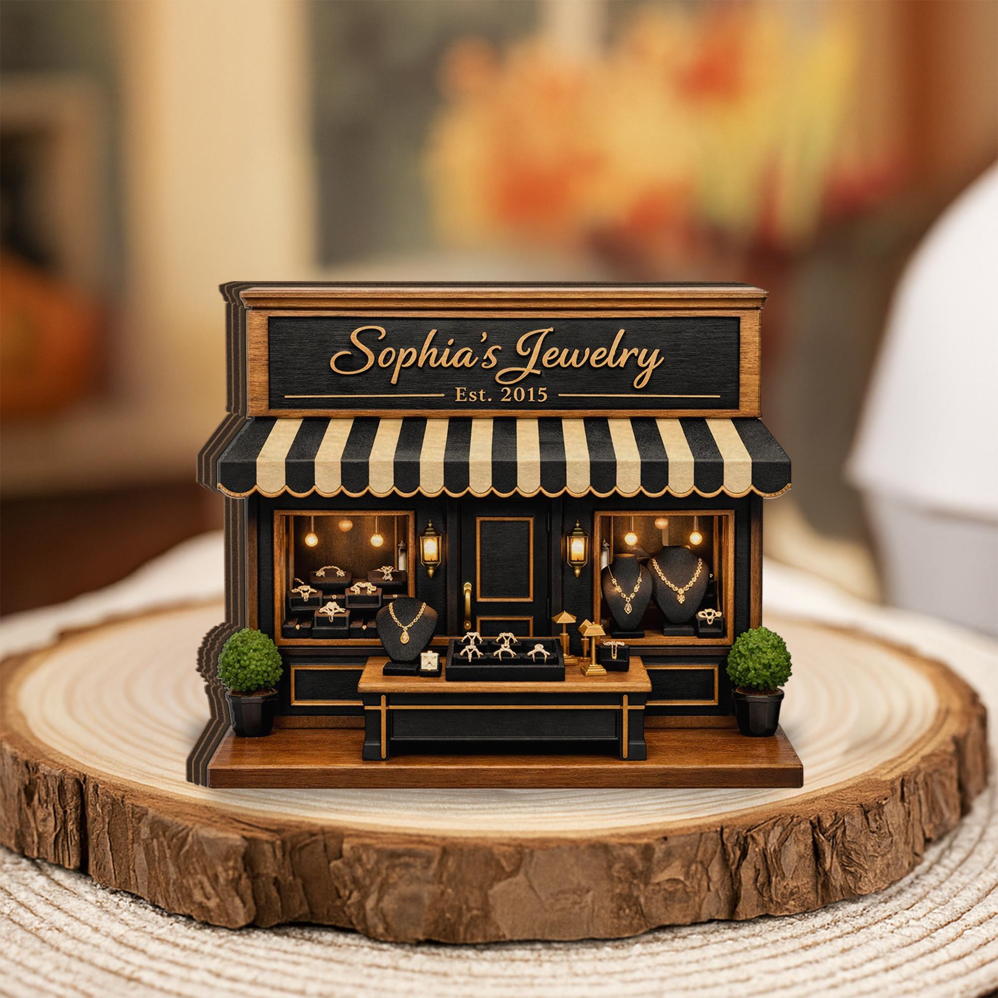 Personalized Jewelry Store Wooden Block, Custom Boutique Shop Sign, Mini Storefront Decor, Jewelry Lover Gift, Small Business Owner Gift