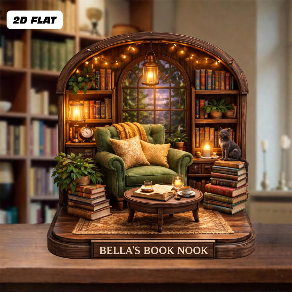 Personalized Book Nook Wooden Block, Cozy Library Miniature, Custom Reading Nook Decor, Gift For Book Lovers, Bibliophile Home Decor