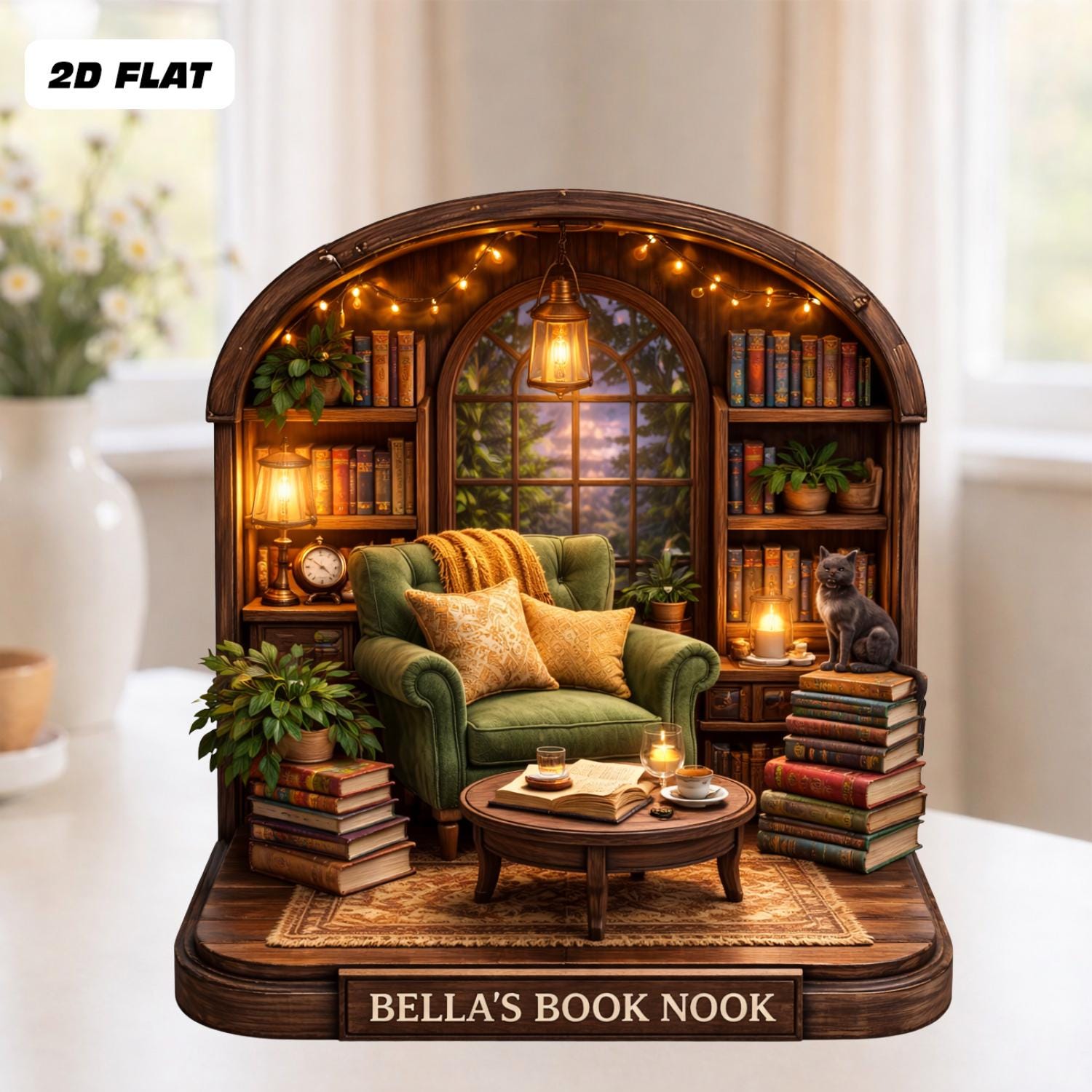 Personalized Book Nook Wooden Block, Cozy Library Miniature, Custom Reading Nook Decor, Gift For Book Lovers, Bibliophile Home Decor
