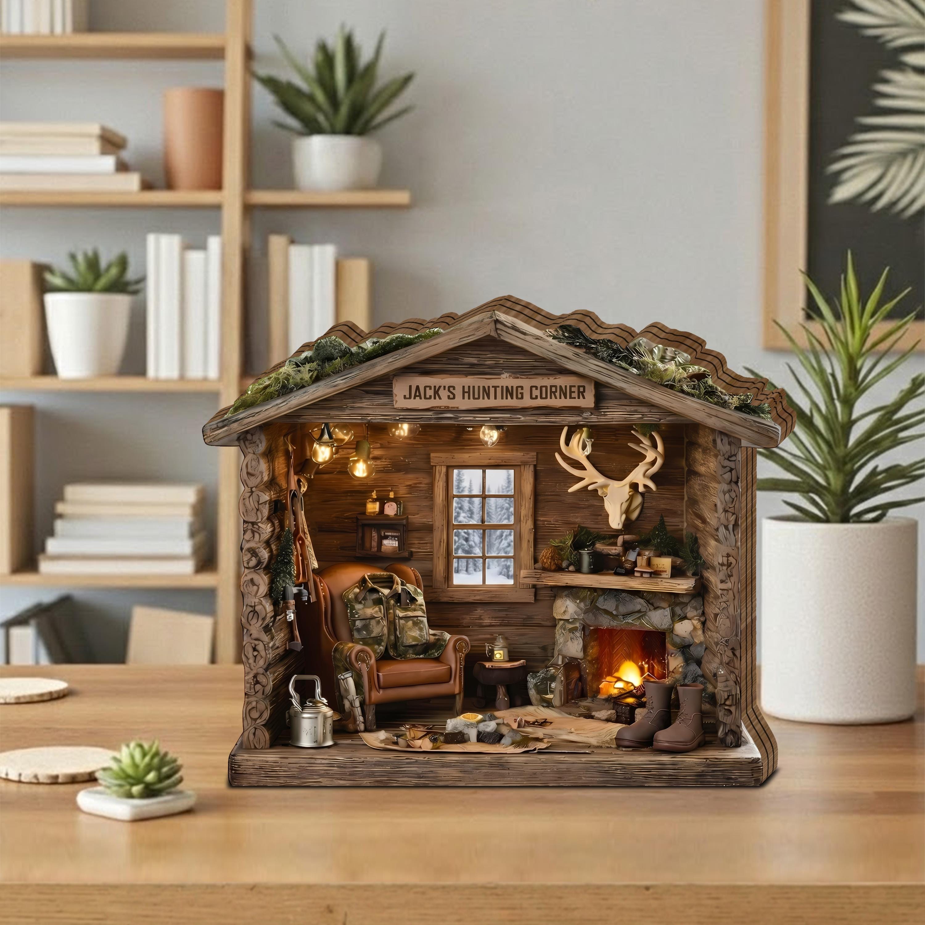 Personalized Hunting Cabin Wooden Block, Custom Hunter Gift, Rustic Lodge Miniature Decor, Deer Hunting Room Display