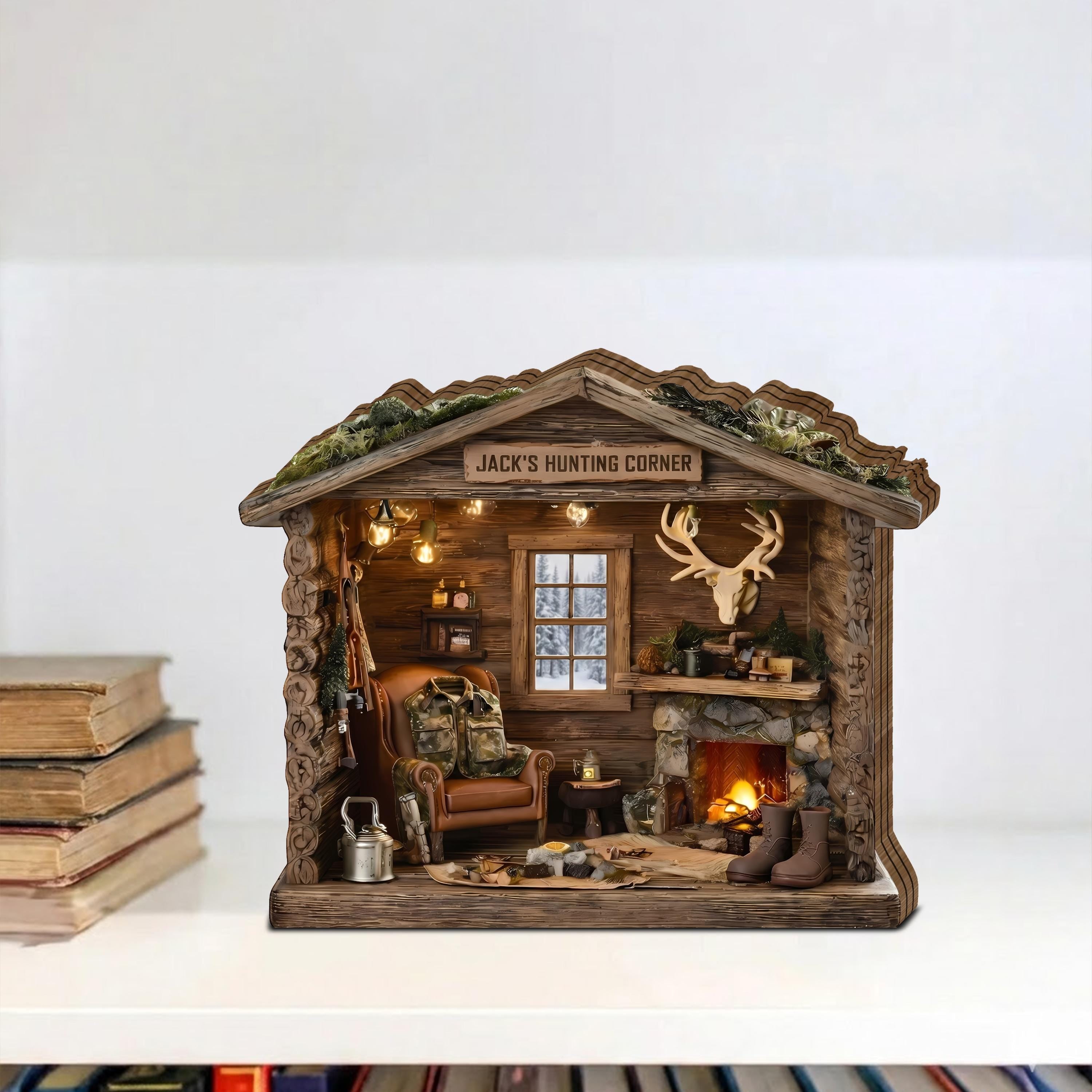 Personalized Hunting Cabin Wooden Block, Custom Hunter Gift, Rustic Lodge Miniature Decor, Deer Hunting Room Display