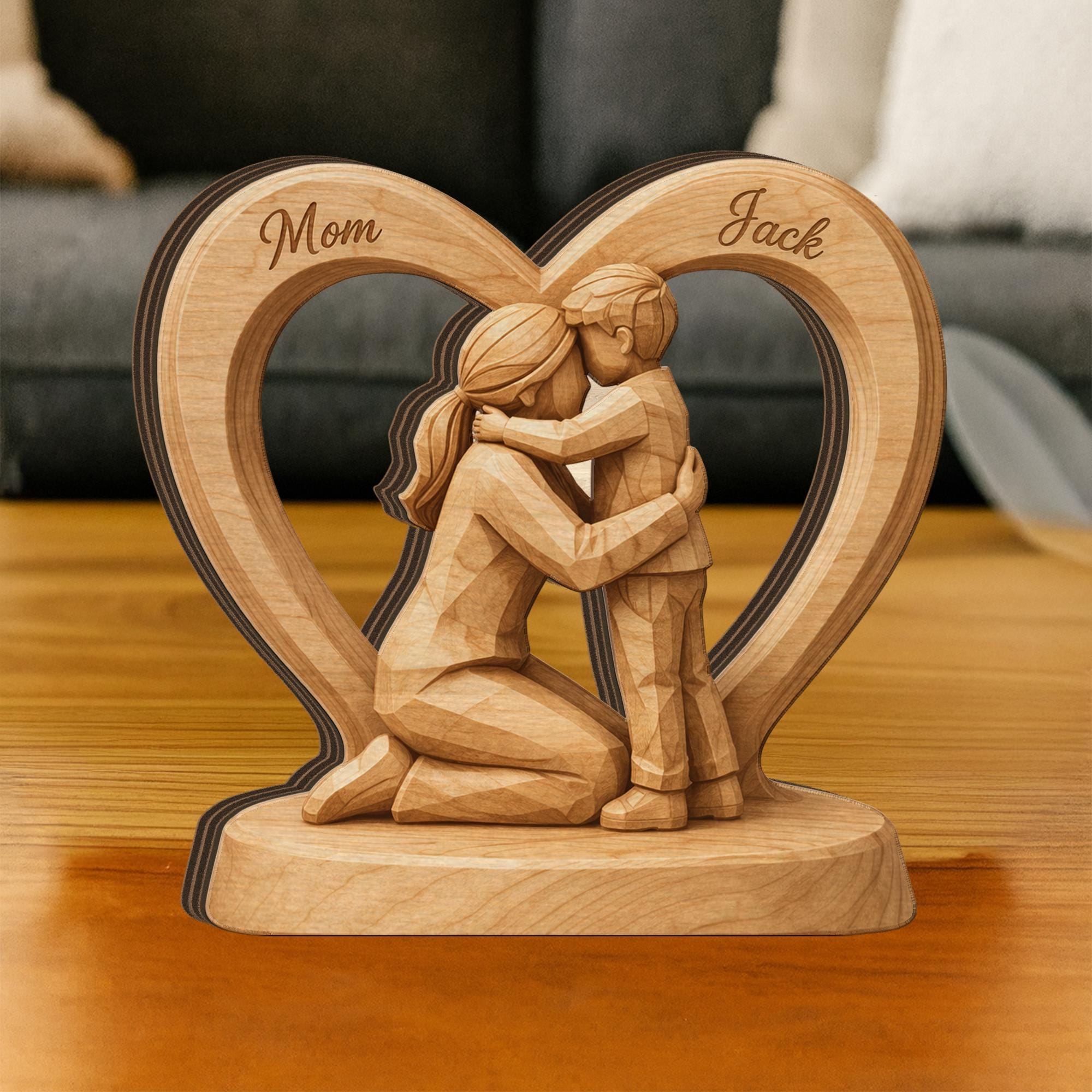 Wooden Heart Block Mom Son Sculpture, Personalized Name 2D Flat Wood Figurine Decor