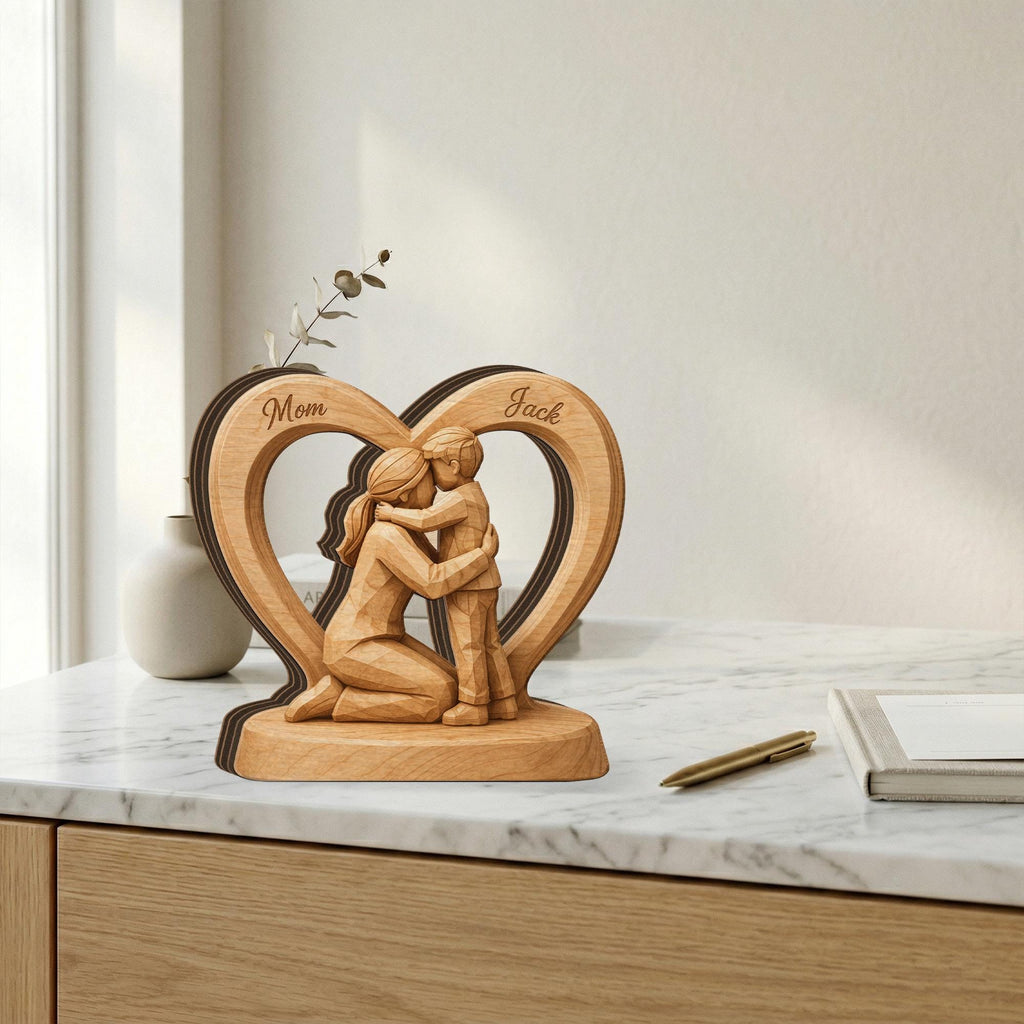 Wooden Heart Block Mom Son Sculpture, Personalized Name 2D Flat Wood Figurine Decor