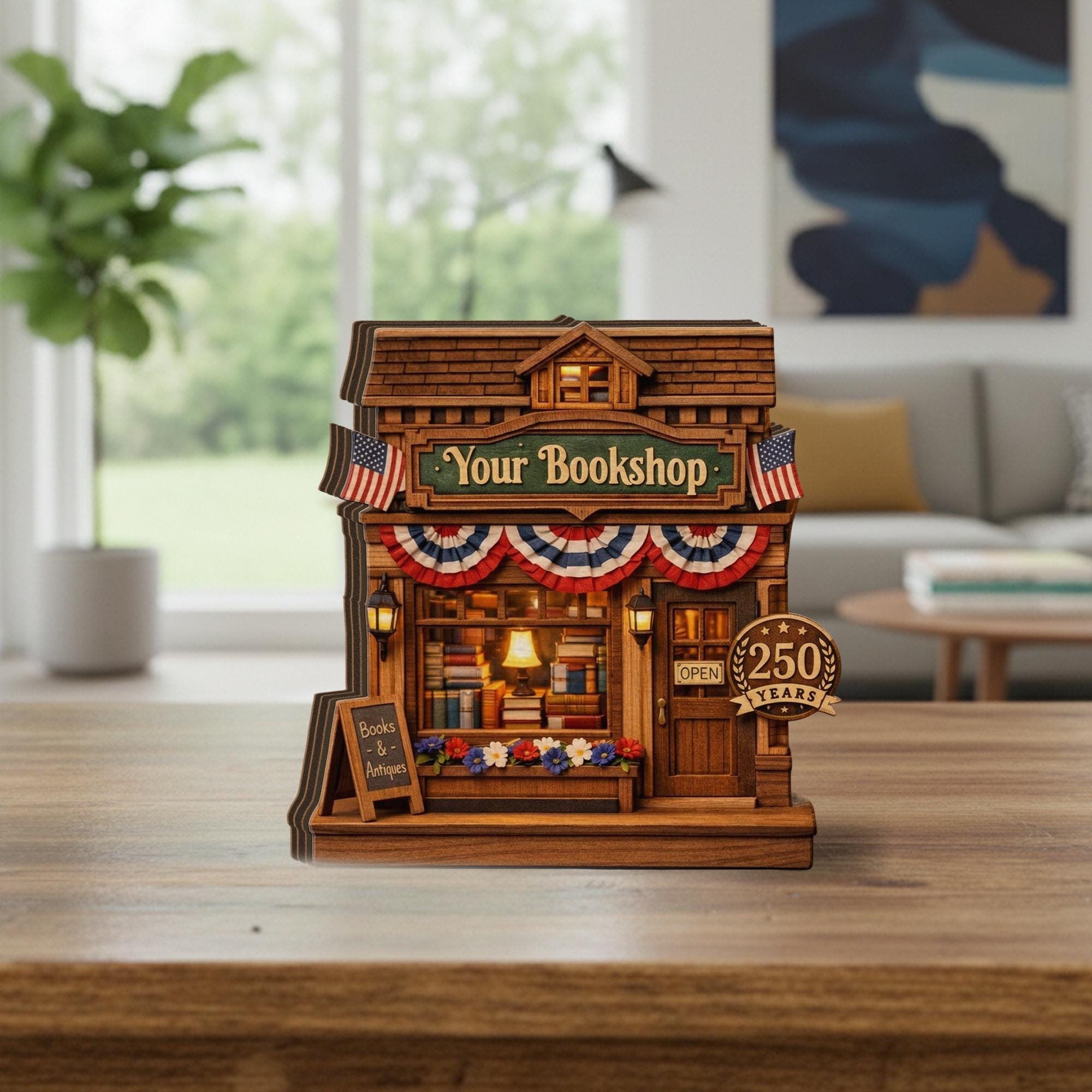 Personalized Wooden Bookshop Block, America 250 Years Decor 1776-2026, Custom Name Book Lover Gift, Patriotic Wooden Shop Decor