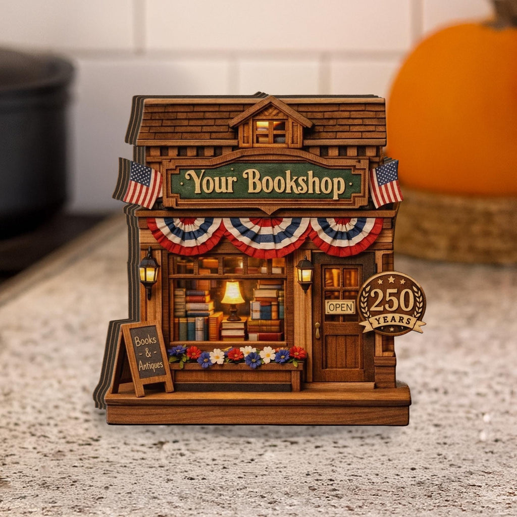 Personalized Wooden Bookshop Block, America 250 Years Decor 1776-2026, Custom Name Book Lover Gift, Patriotic Wooden Shop Decor