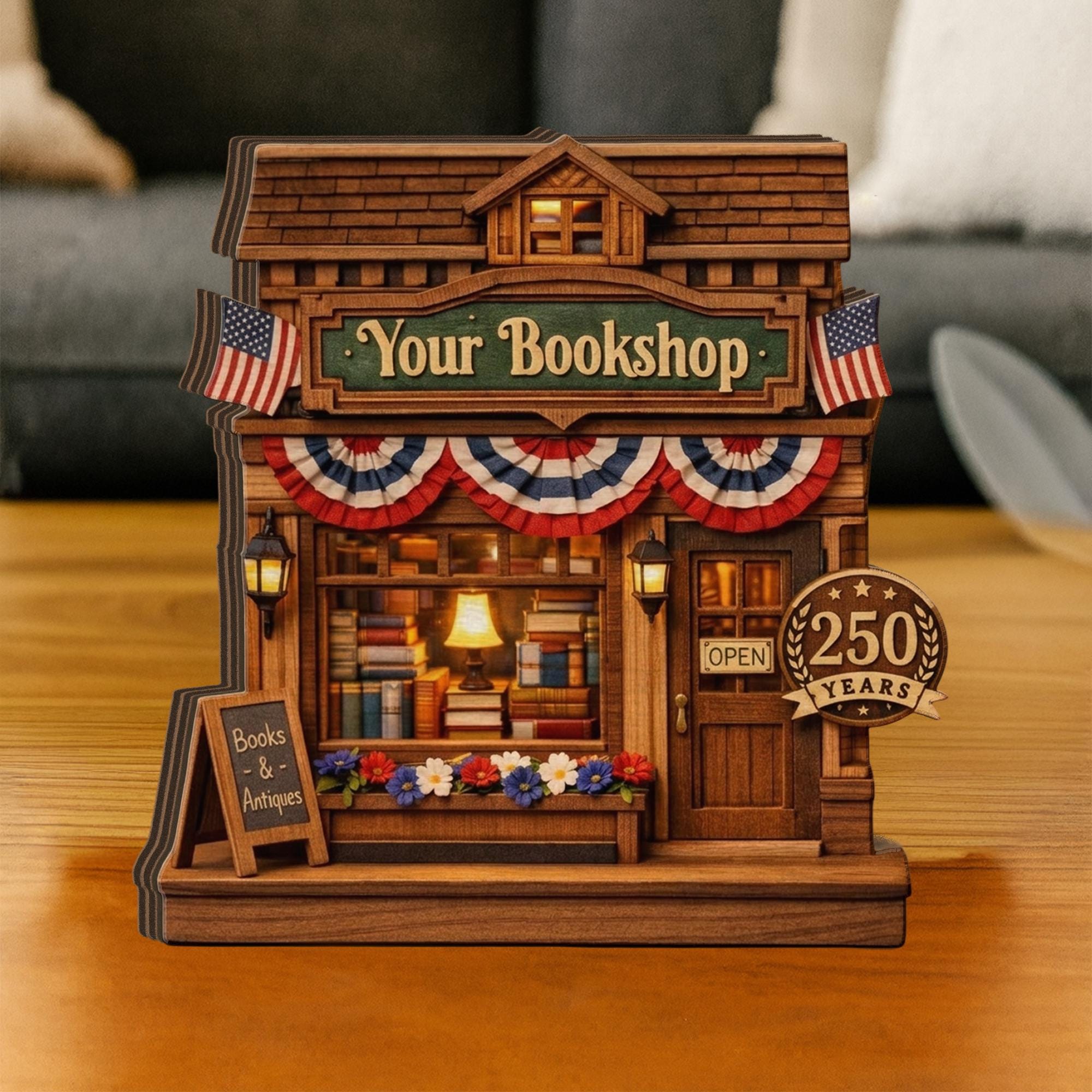 Personalized Wooden Bookshop Block, America 250 Years Decor 1776-2026, Custom Name Book Lover Gift, Patriotic Wooden Shop Decor