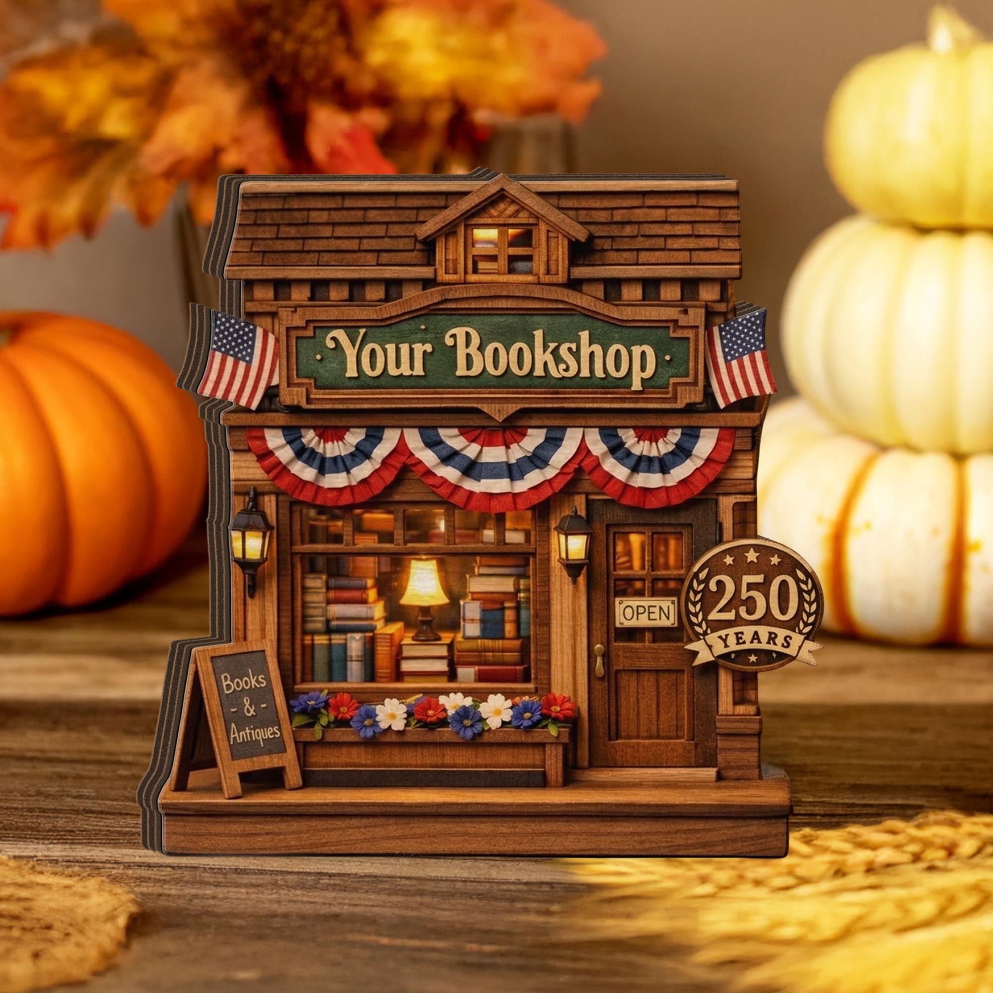 Personalized Wooden Bookshop Block, America 250 Years Decor 1776-2026, Custom Name Book Lover Gift, Patriotic Wooden Shop Decor