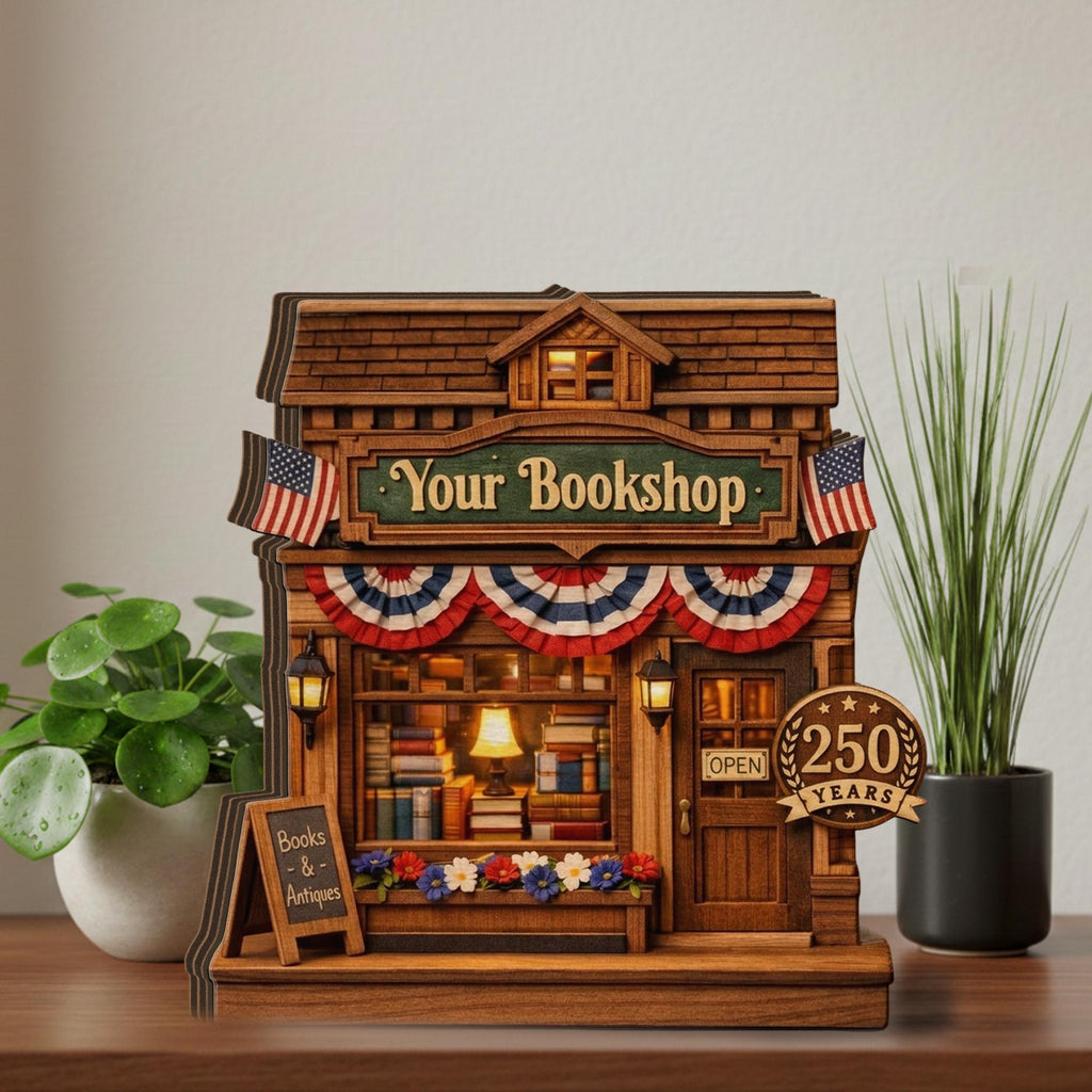 Personalized Wooden Bookshop Block, America 250 Years Decor 1776-2026, Custom Name Book Lover Gift, Patriotic Wooden Shop Decor