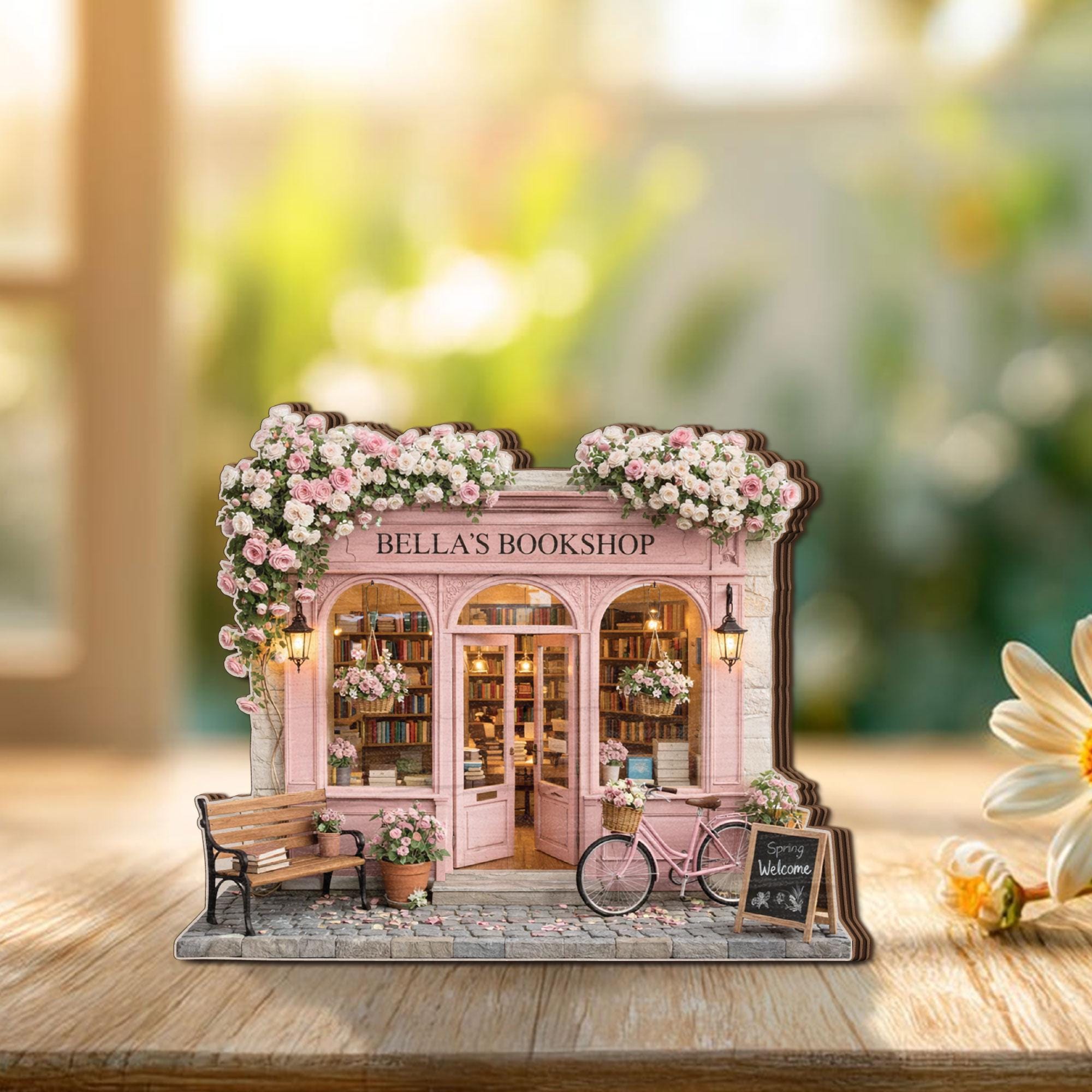 Personalized Bookshop Wooden Block, Custom Bookstore Name Sign, Floral Book Lover Gift, Reading Decor, Bookshop Keepsake Gift