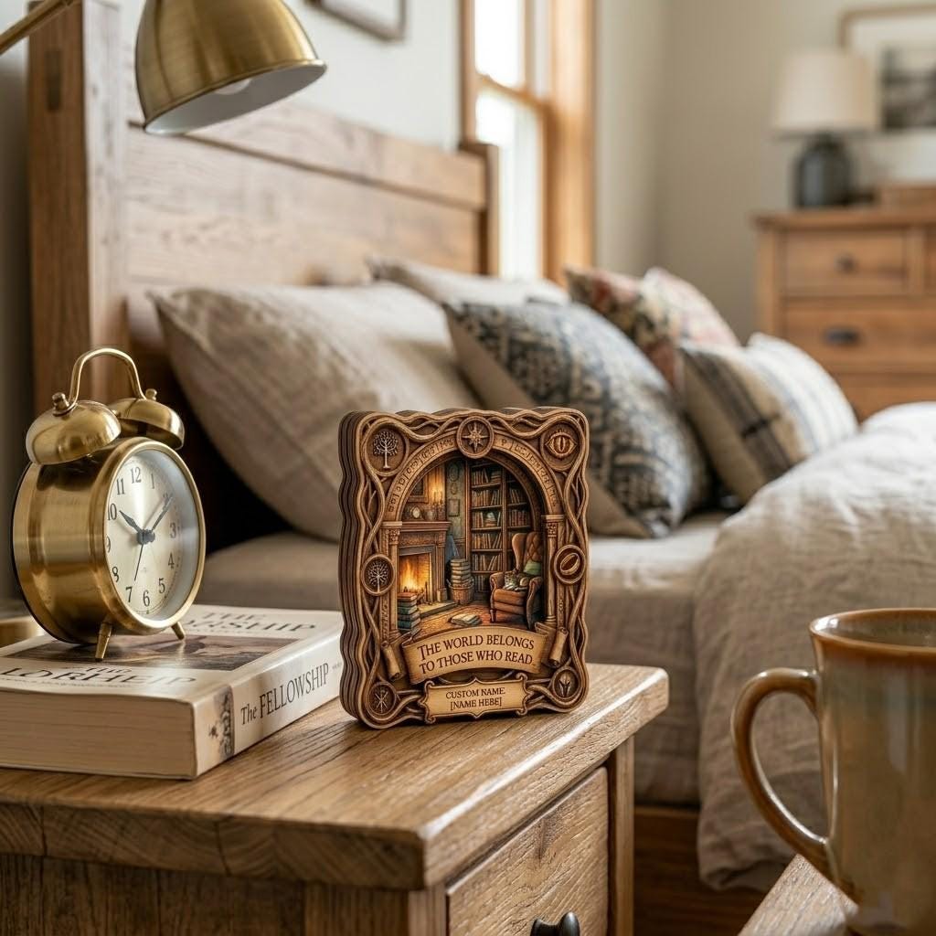 Personalized Fantasy Wooden Block, LOTR Book Nook, Custom Name Book Lover Gift, Middle Earth Library Art, Bookish Home Decor