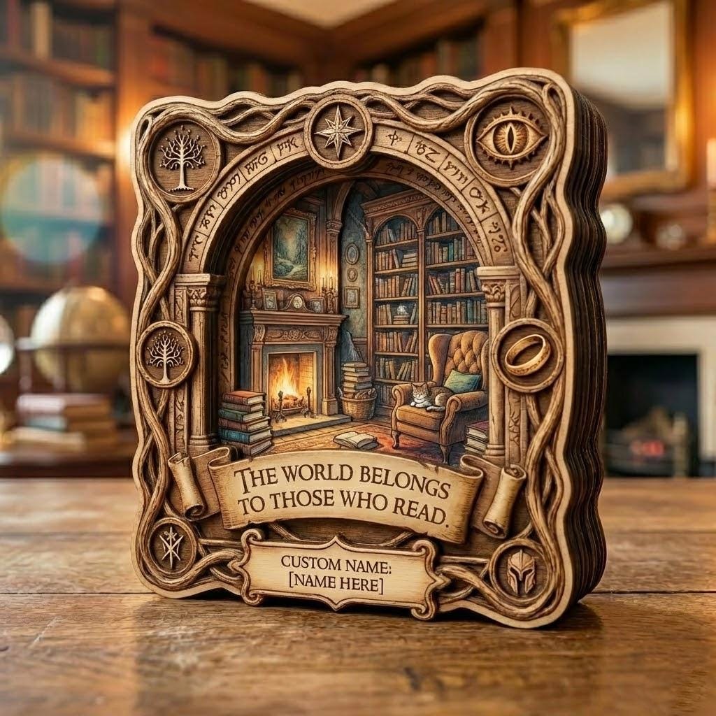Personalized Fantasy Wooden Block, LOTR Book Nook, Custom Name Book Lover Gift, Middle Earth Library Art, Bookish Home Decor