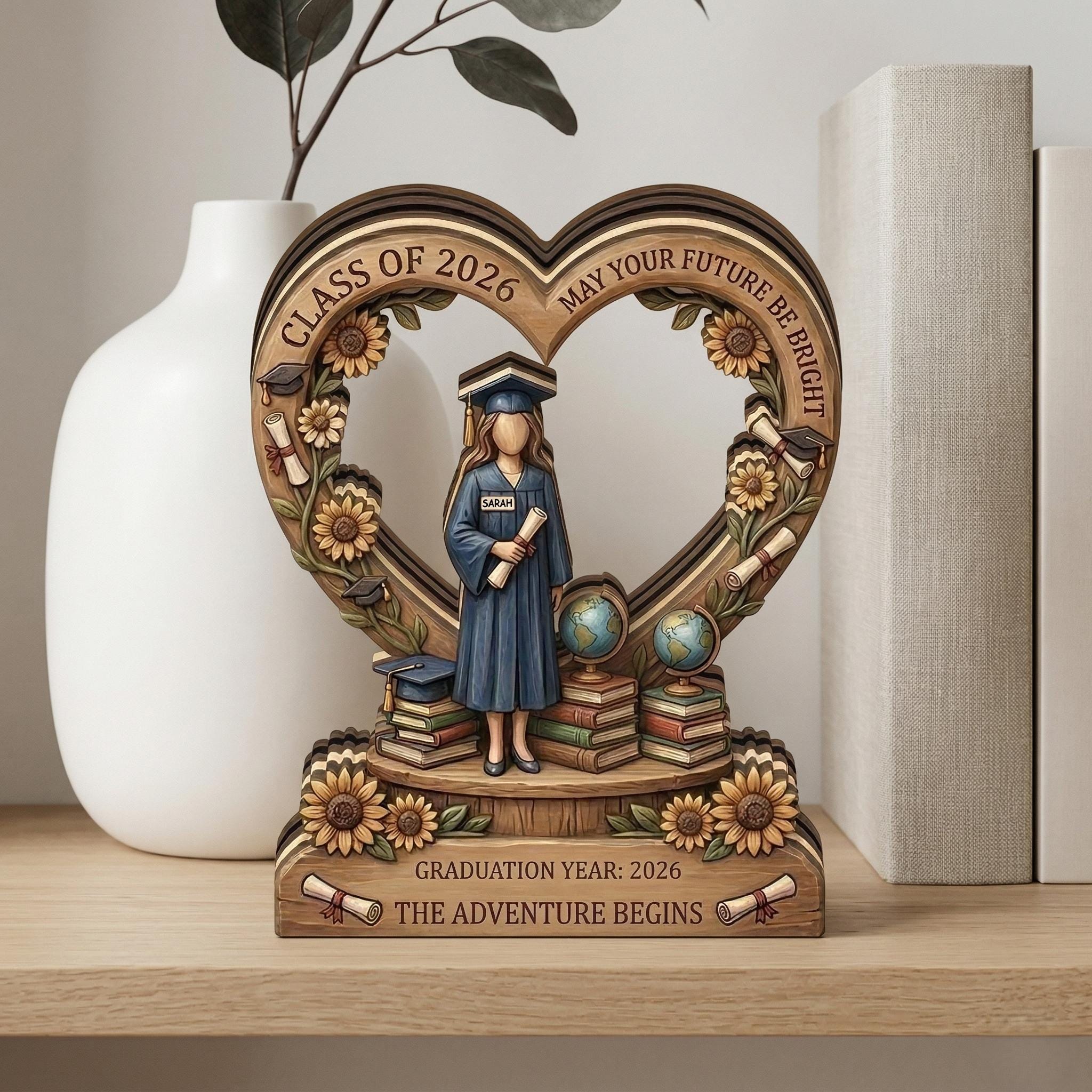 Personalized Graduation Wooden Block Class of 2026, Custom Name 3D Effect Printed Wood Sign, Sunflower Senior Gift, High School Grad