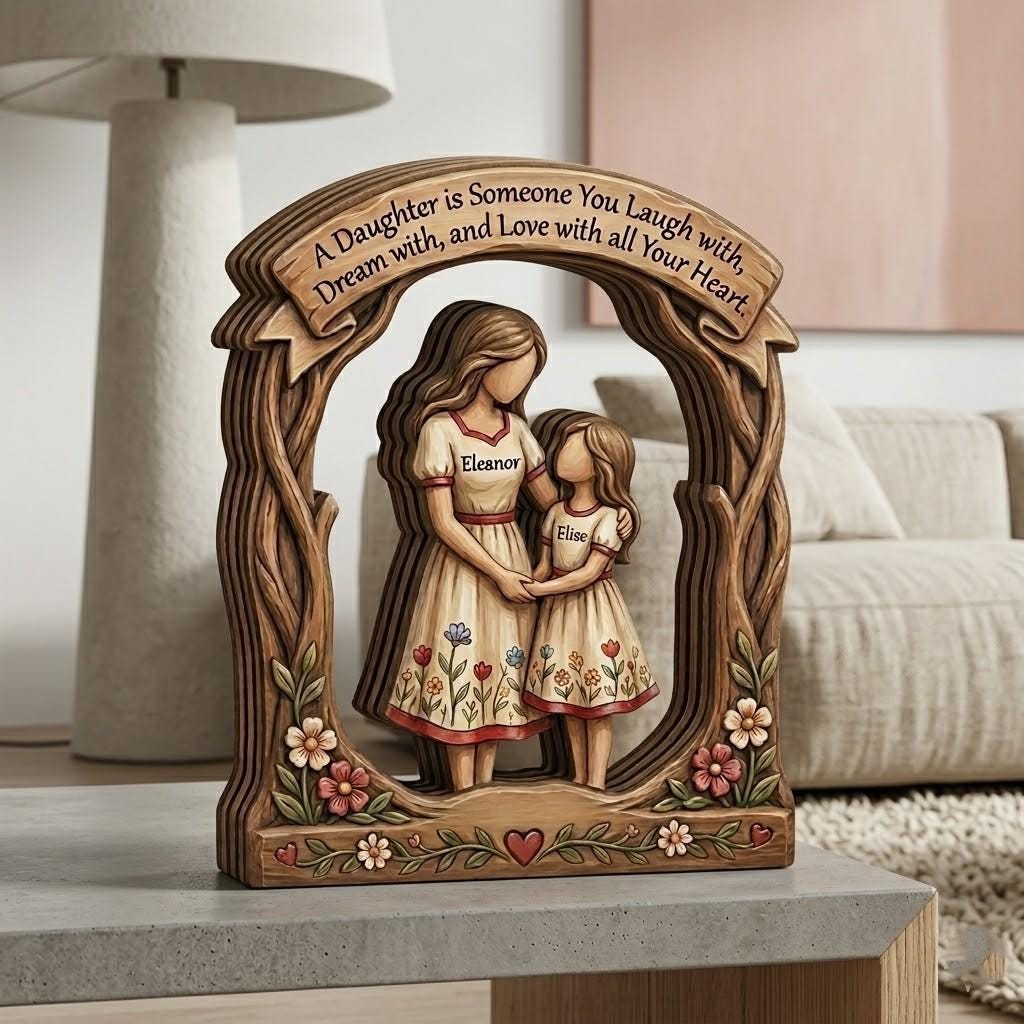 Personalized Mother Daughter Wood Block, Custom Name Wooden Plaque, Mother's Day Gift, 2D Layered Wood Art, Daughter Birthday Keepsake Gift
