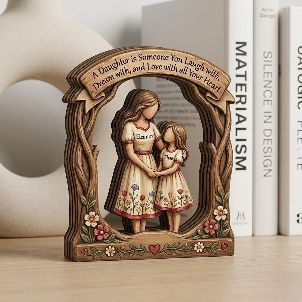 Personalized Mother Daughter Wood Block, Custom Name Wooden Plaque, Mother's Day Gift, 2D Layered Wood Art, Daughter Birthday Keepsake Gift