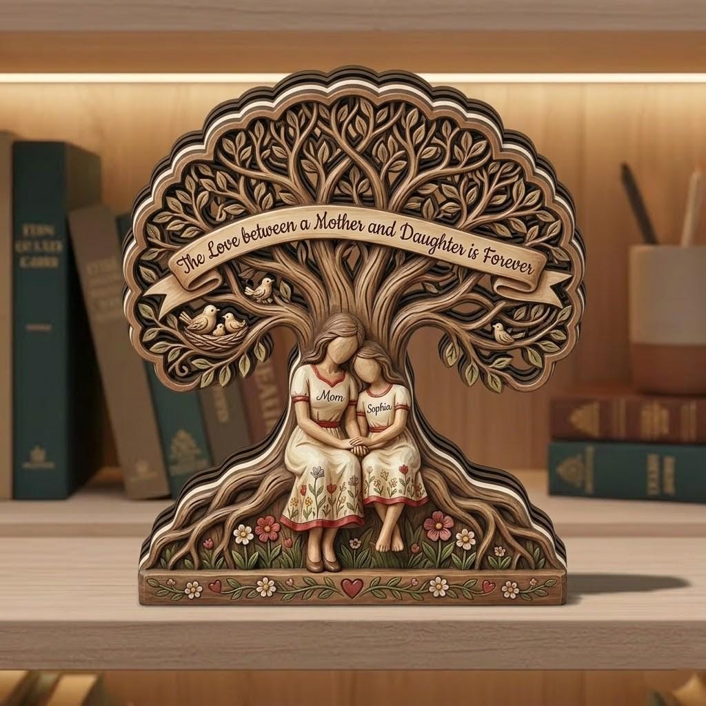 Personalized Mother Daughter Wooden Block, Custom Name Wooden Sign, 3D Effect Printed Wood Sign, Tree of Life, Mother's Day Keepsake