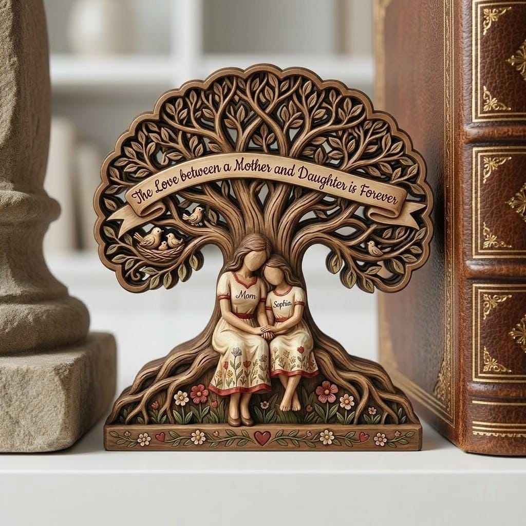 Personalized Mother Daughter Wooden Block, Custom Name Wooden Sign, 3D Effect Printed Wood Sign, Tree of Life, Mother's Day Keepsake