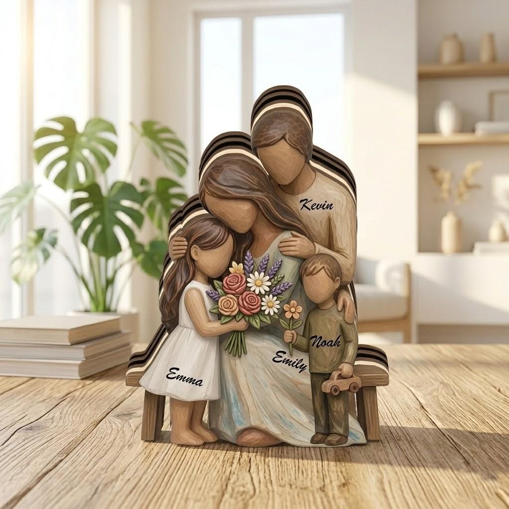 Personalized Family Flower Wooden Block, Custom Family of 4 Sign, Mother's Day Gift for Wife, Mom Birthday Gift, Handcrafted Wood Home Decor