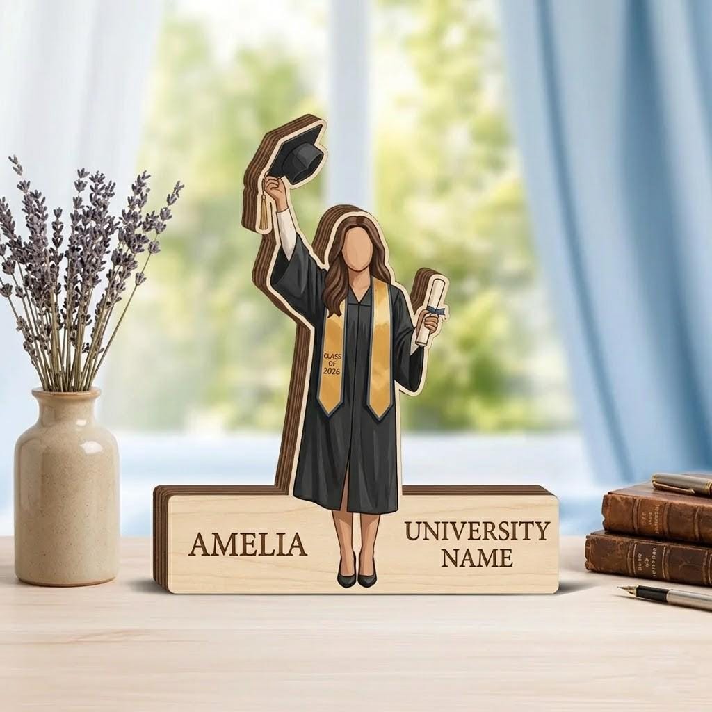 Personalized Graduation Wooden Block, Custom Graduate Name Sign, Class of 2026 Gift, 3D Wood Layered Desk Decor, University Grad Keepsake