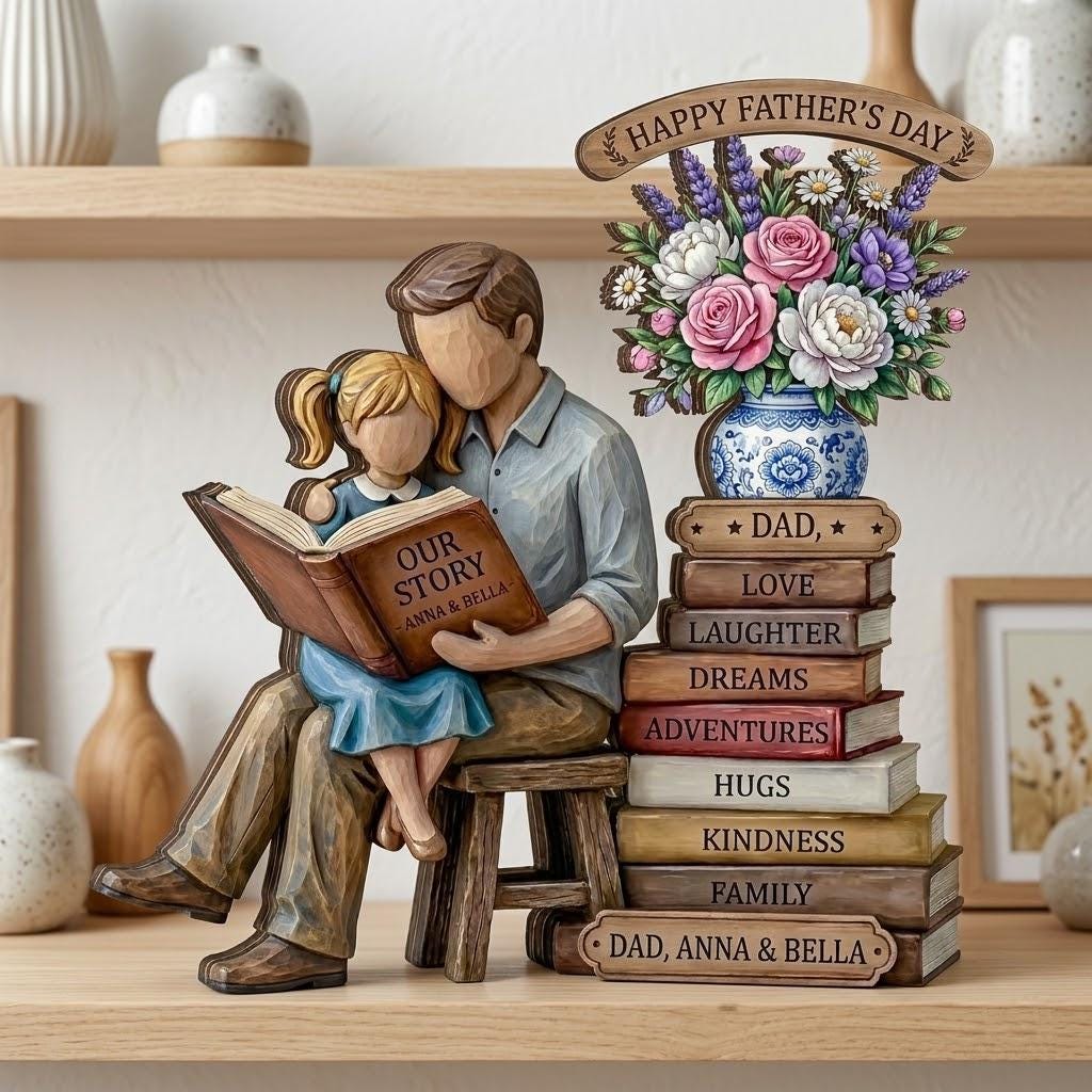 Father Daughter Reading Wooden Figurine, Personalized Dad Gift, Family Story Decor, Custom Name Keepsake, Fathers Day Shelf Display