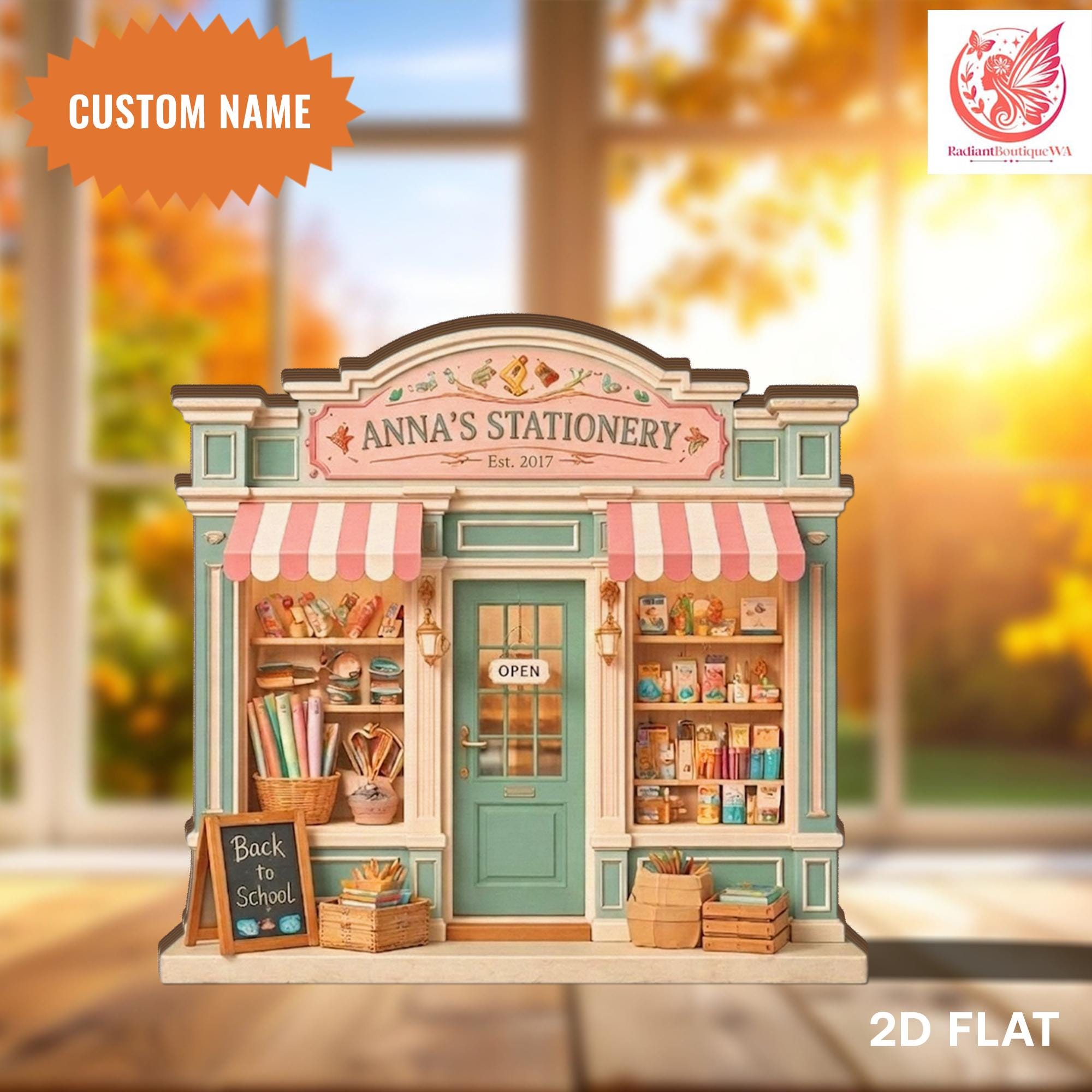 Personalized Stationery Store Wooden Block, Pastel Aesthetic Desk Decor, 2D Flat Wood, Small Business Display