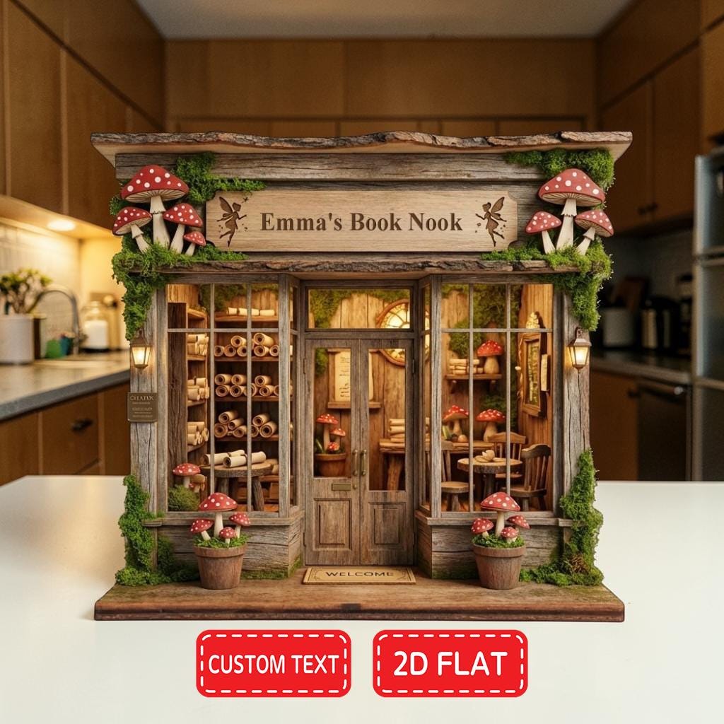 Custom Name Enchanted Forest Library Bookshop Wooden Block, Whimsical Book Lover Gift