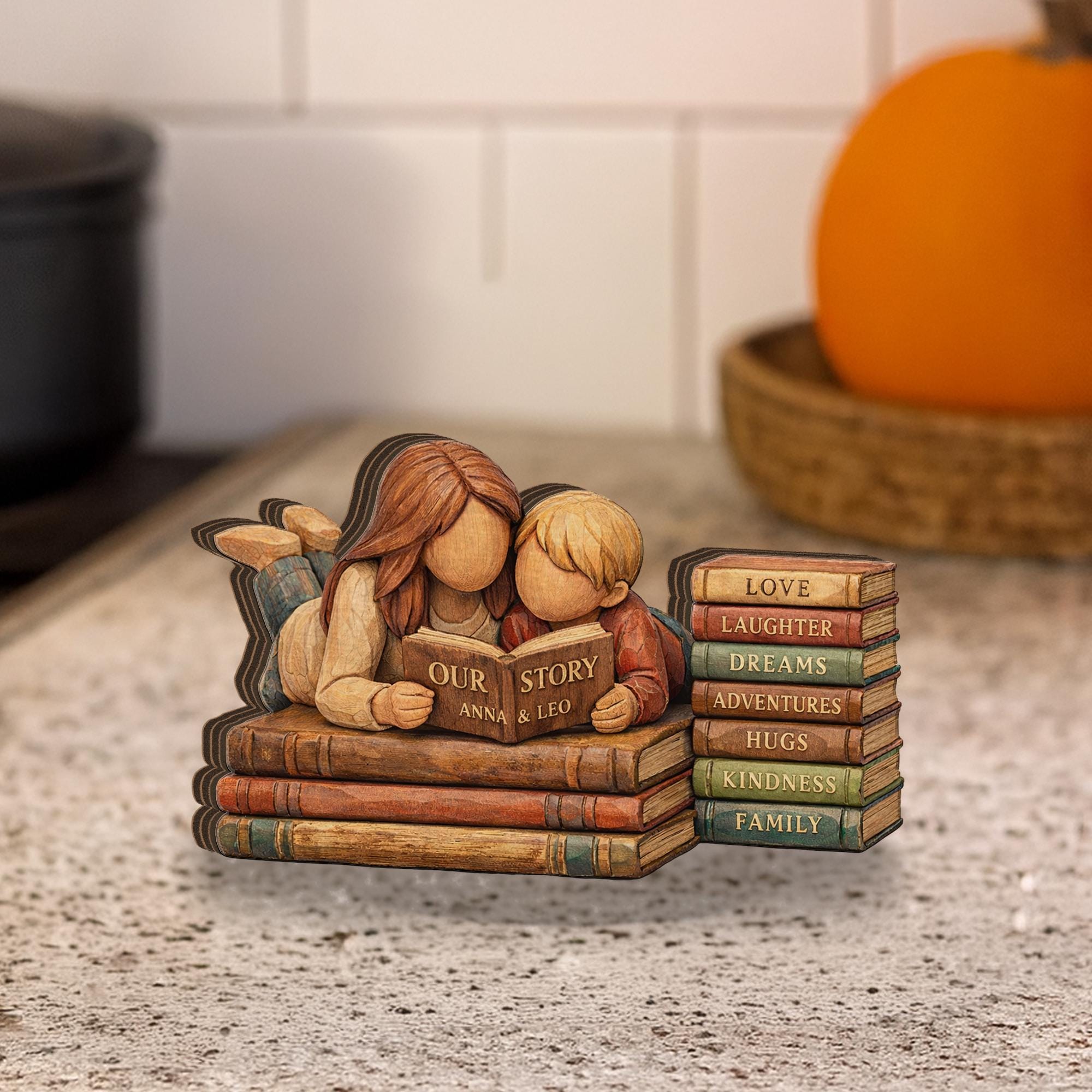 Personalized Mother Son Wooden Figurine, Custom Book Stack Decor