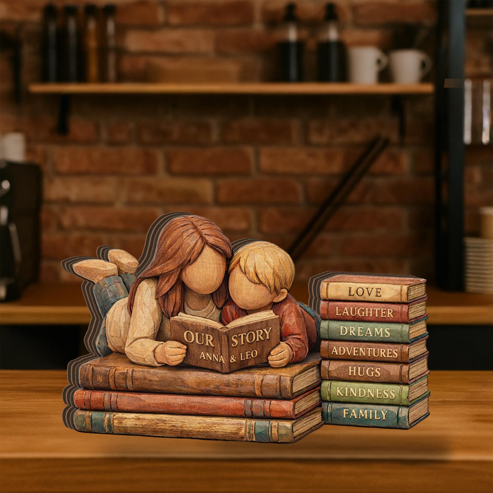 Personalized Mother Son Wooden Figurine, Custom Book Stack Decor